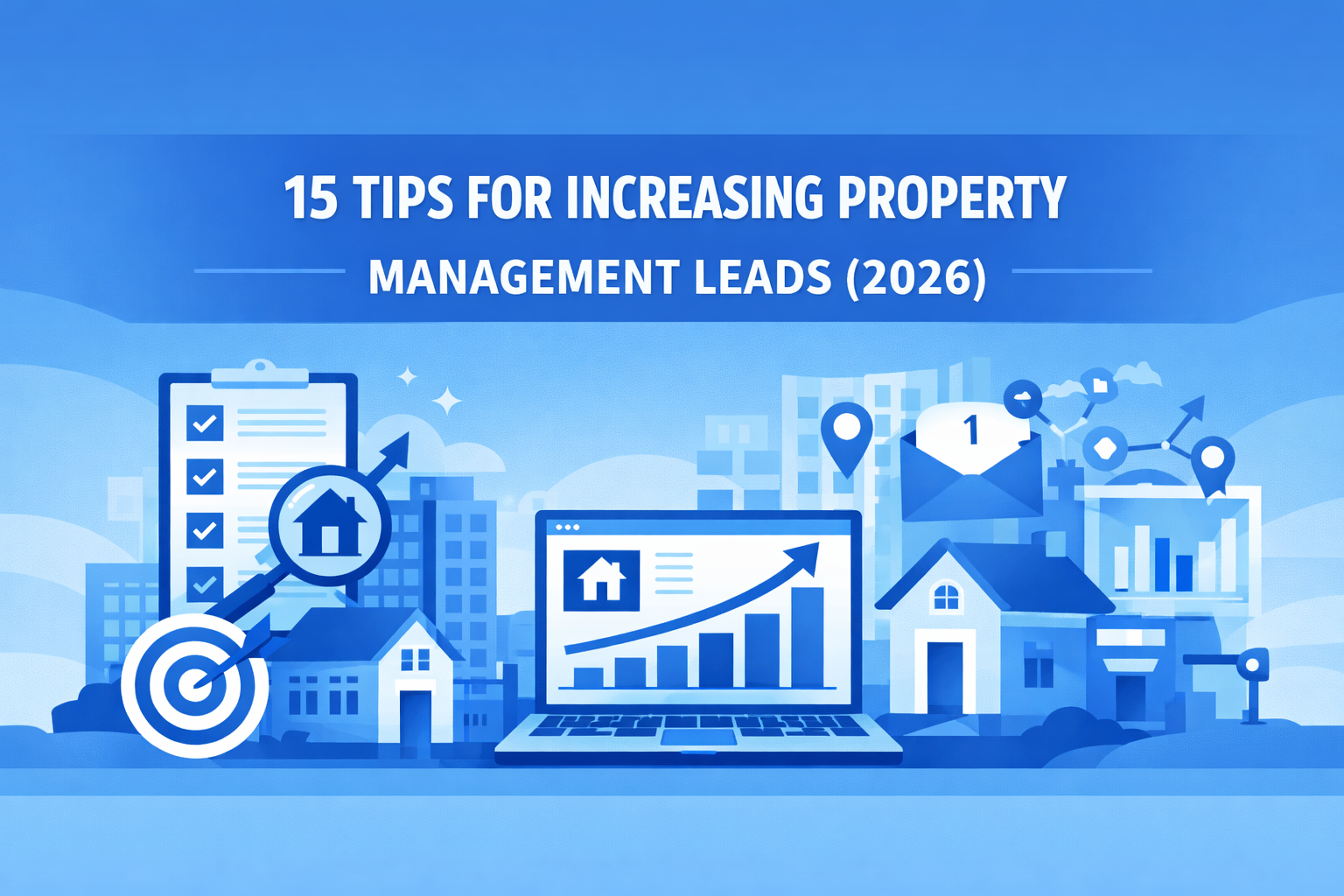 Modern blue property management marketing header featuring bold white title text with a checklist clipboard, laptop growth chart, target icon, house, envelope, and location pins.