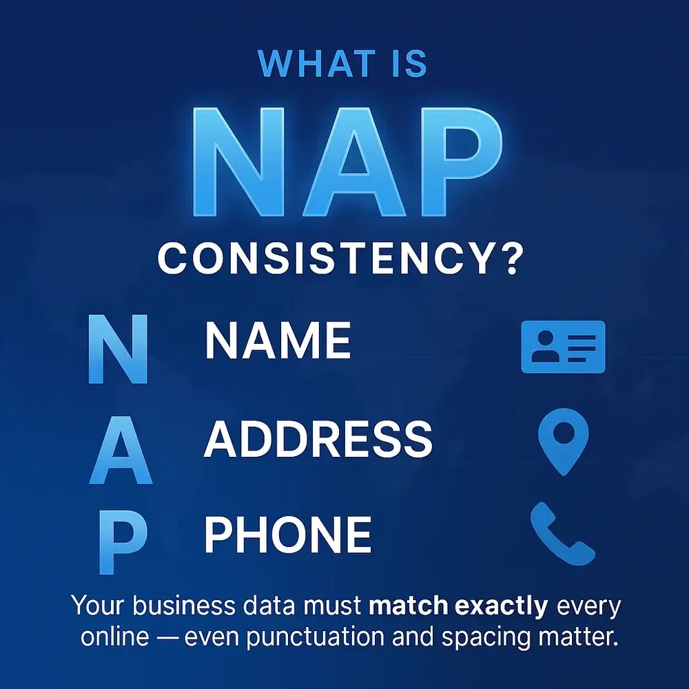 Infographic showing that business Name, Address, and Phone must match exactly across all online listings to improve local SEO