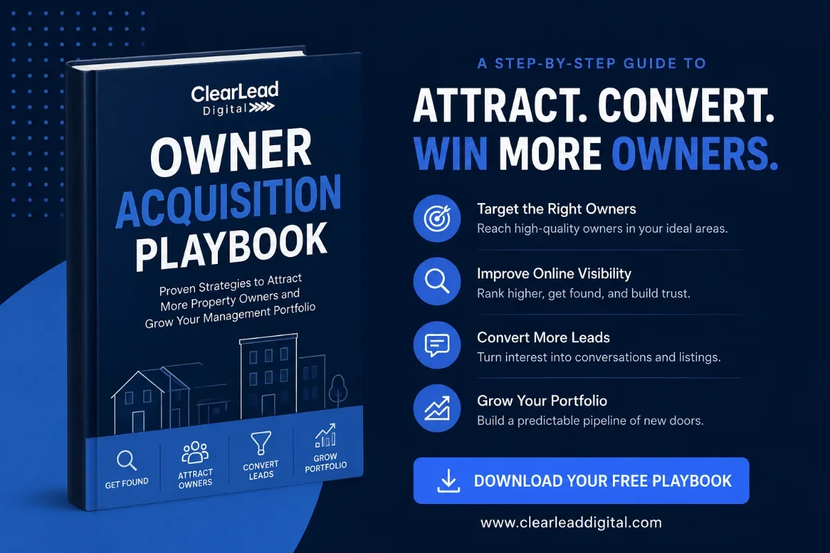 Cover of the Owner Acquisition Playbook ebook by ClearLead Digital alongside marketing text for attracting and converting property owners.