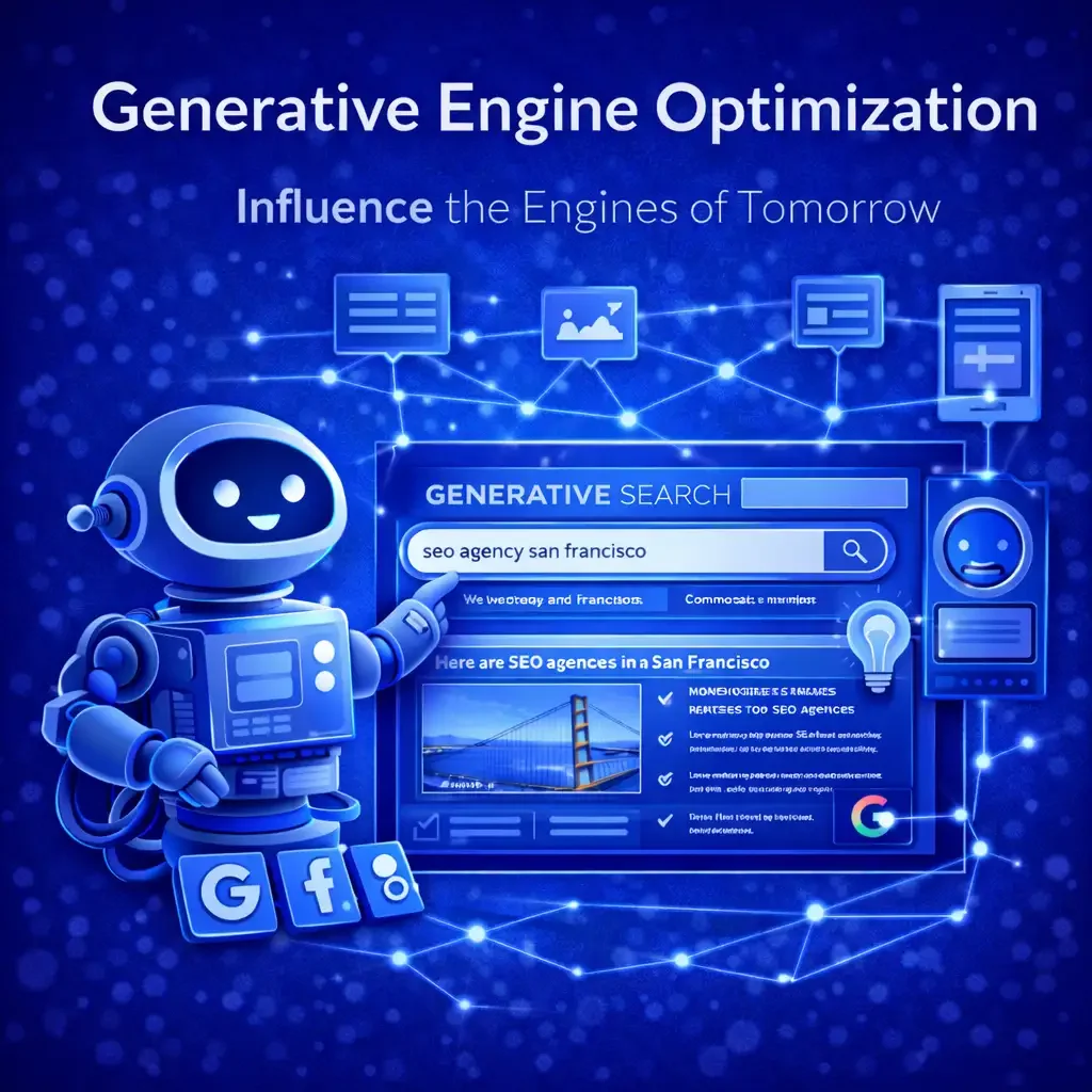 Graphic illustrating AI and digital tools for search engine optimization, featuring a robot, search bar, and icons for search engines and social media on a blue digital background.