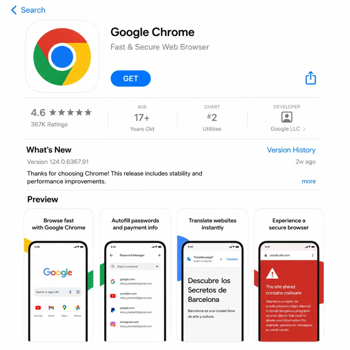 Google Chrome app store listing showing ratings, version history, and feature previews.