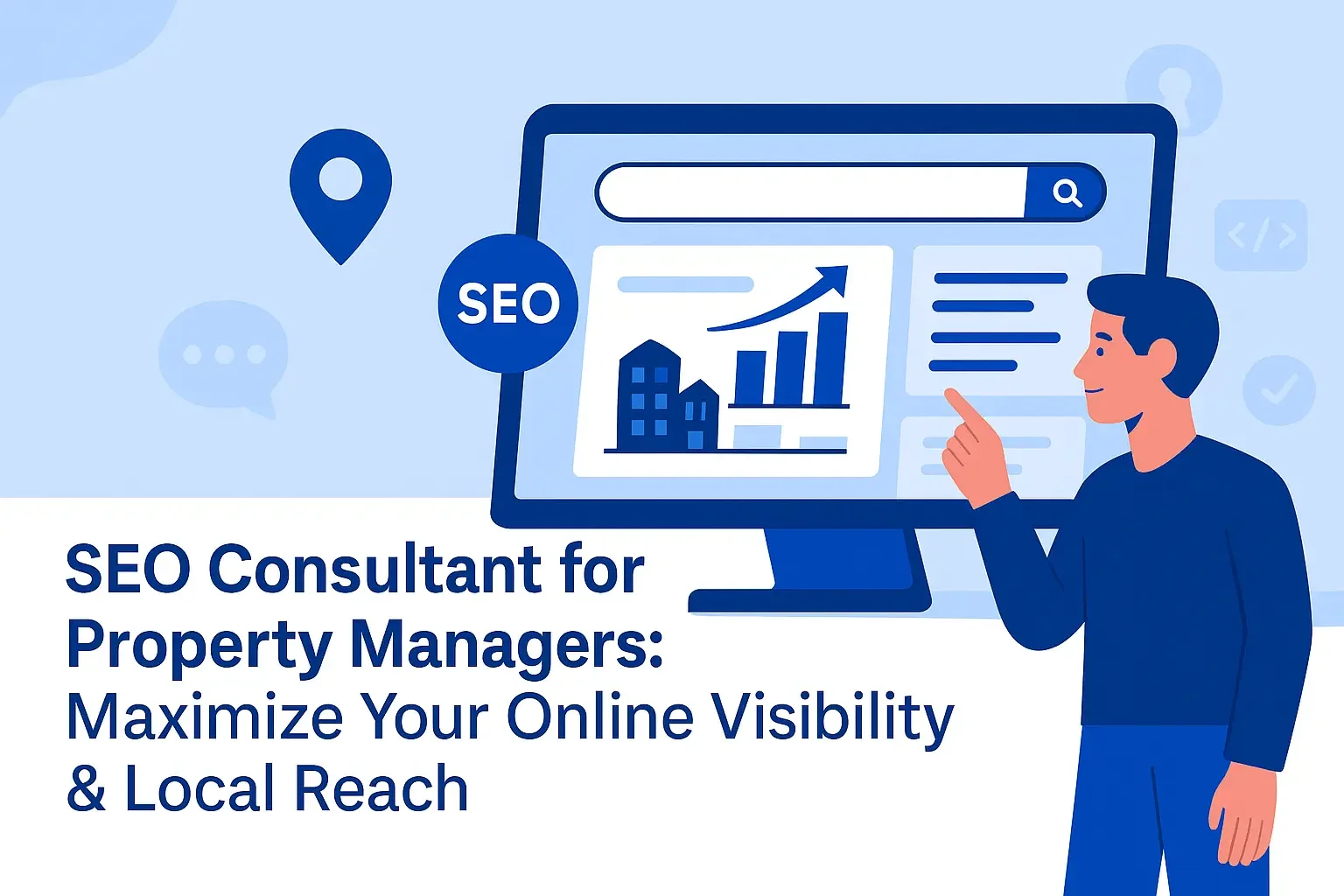 SEO consultant pointing to a screen with charts and property icons, illustrating local visibility strategies for property managers.