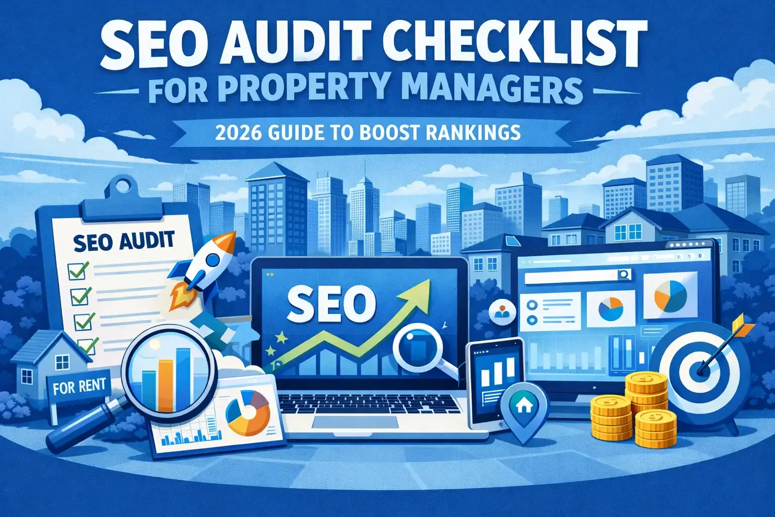 Flat blue illustration of an SEO audit checklist for property managers with charts, dashboard screens, and property icons.