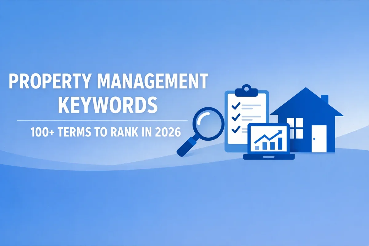 Property management keywords graphic with icons of a magnifying glass, clipboard, laptop, and a house.