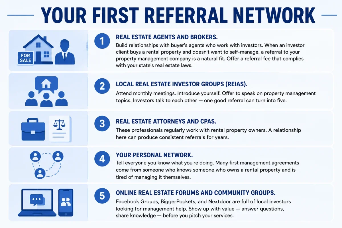 Infographic titled 'Your First Referral Network' listing five key sources for property management referrals: agents, REIAs, attorneys/CPAs, personal network, and online forums.