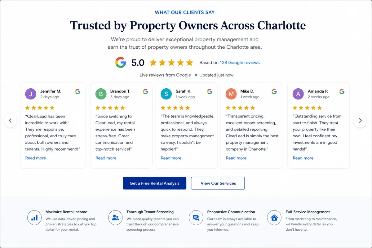 Homepage section with live Google reviews widget pulling the latest 5-star reviews.