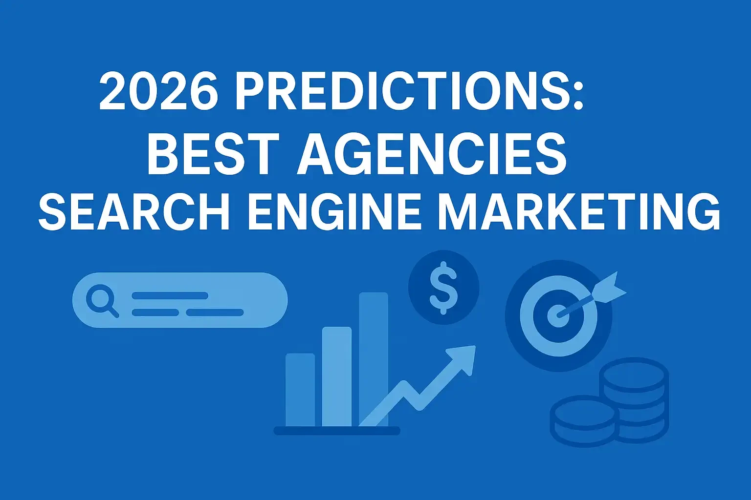 Flat blue graphic titled ‘2026 Predictions: Best Agencies Search Engine Marketing’ featuring search bar, analytics chart, dollar icon, target with arrow, and stacked coin illustrations.