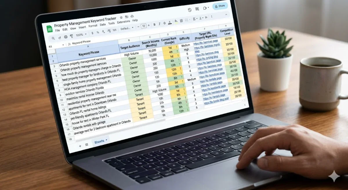 A person using a laptop to track property management keywords in a Google Sheets spreadsheet.