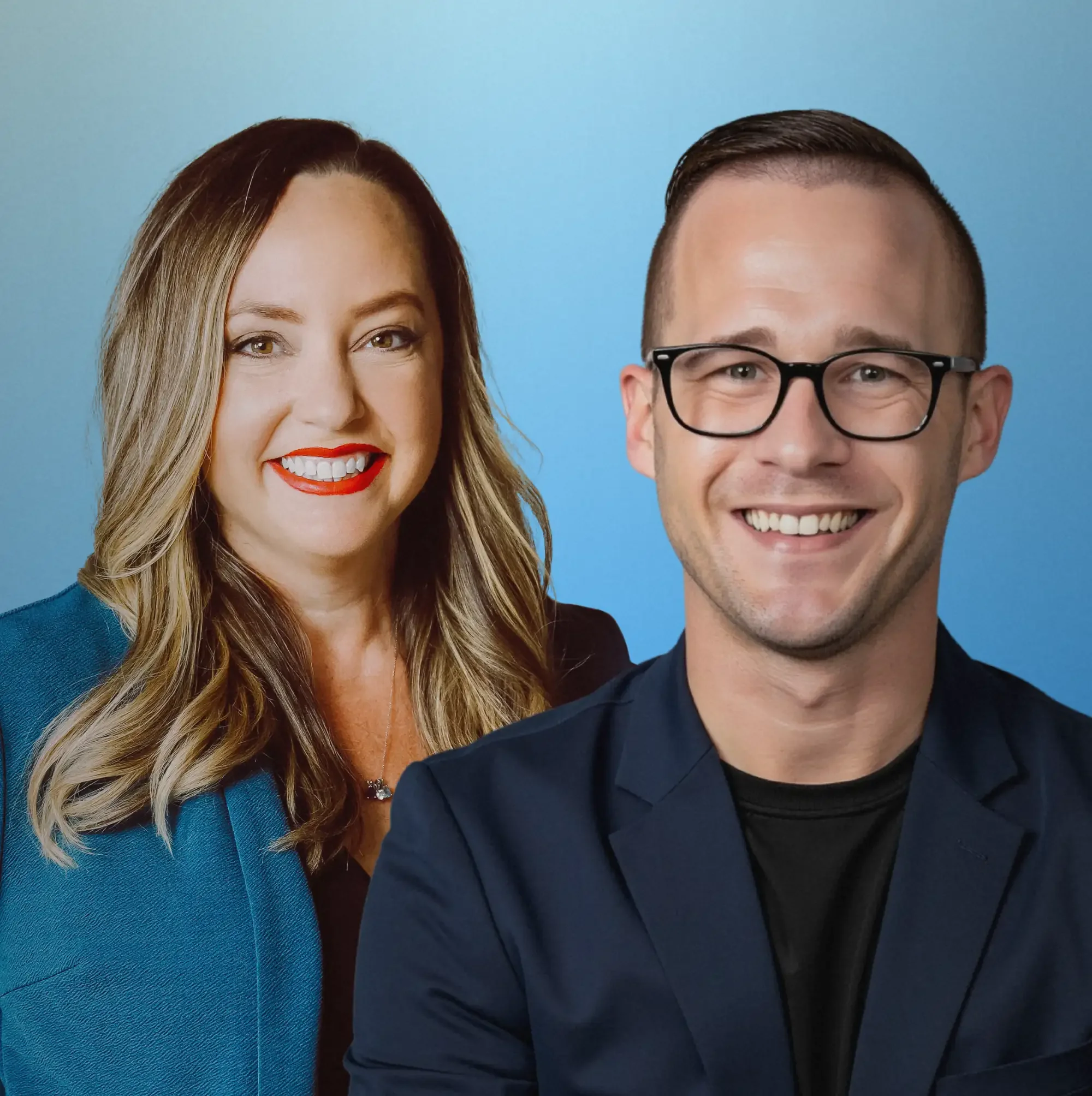 A woman with blonde hair and red lipstick and a man with short hair and glasses smiling against a blue background.