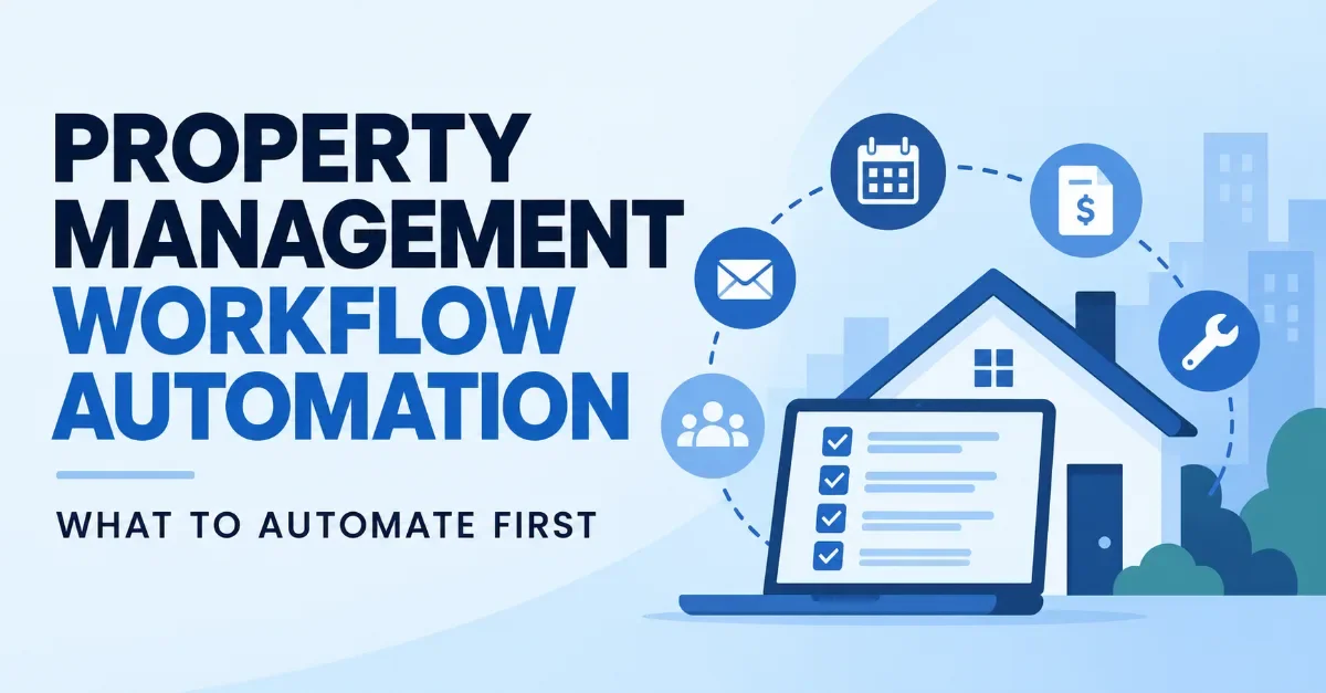 Property management workflow automation graphic: house, laptop checklist, icons for communication, tenants, scheduling, finances, maintenance.