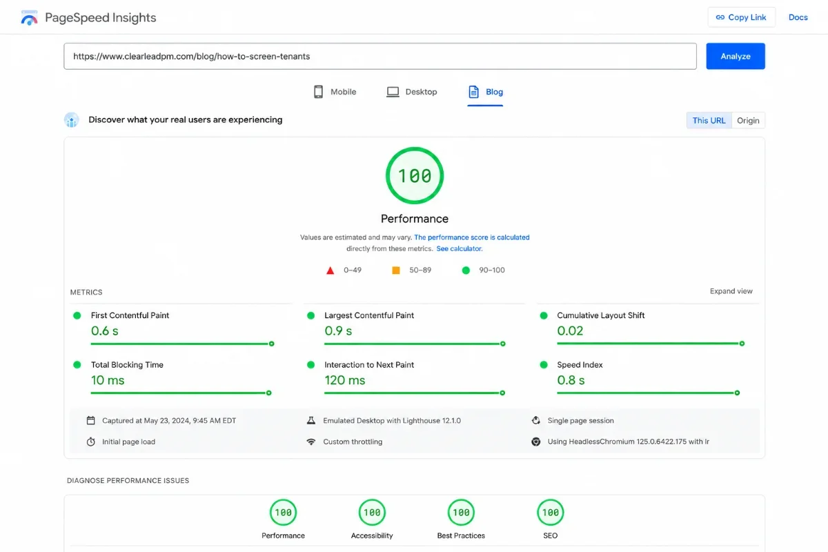 PageSpeed Insights mobile report showing all green Core Web Vitals.