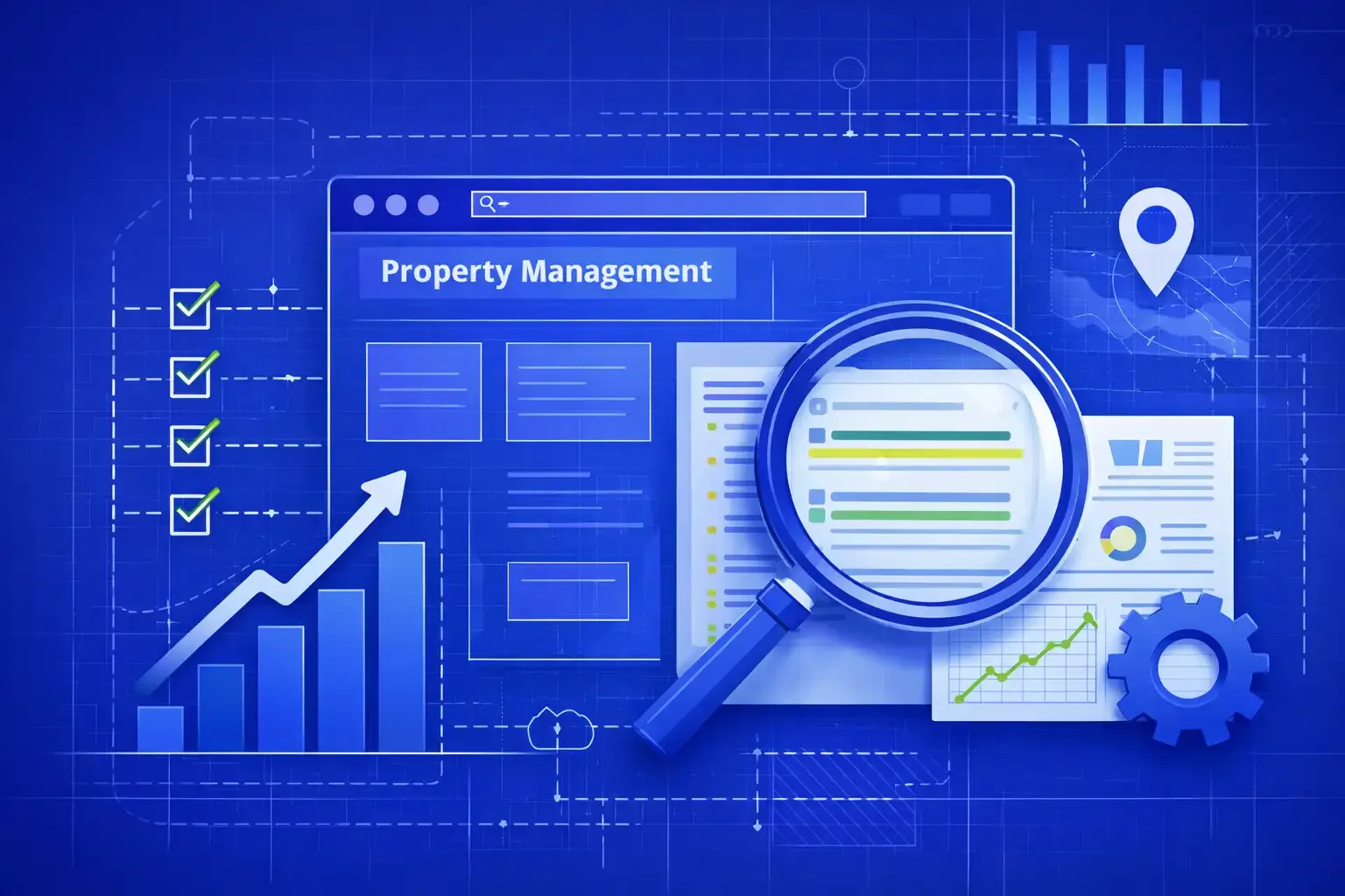 Illustration of a property management SEO blueprint showing website analytics dashboard, keyword optimization, local SEO map pin, growth charts, and magnifying glass representing search engine strategy for property managers.