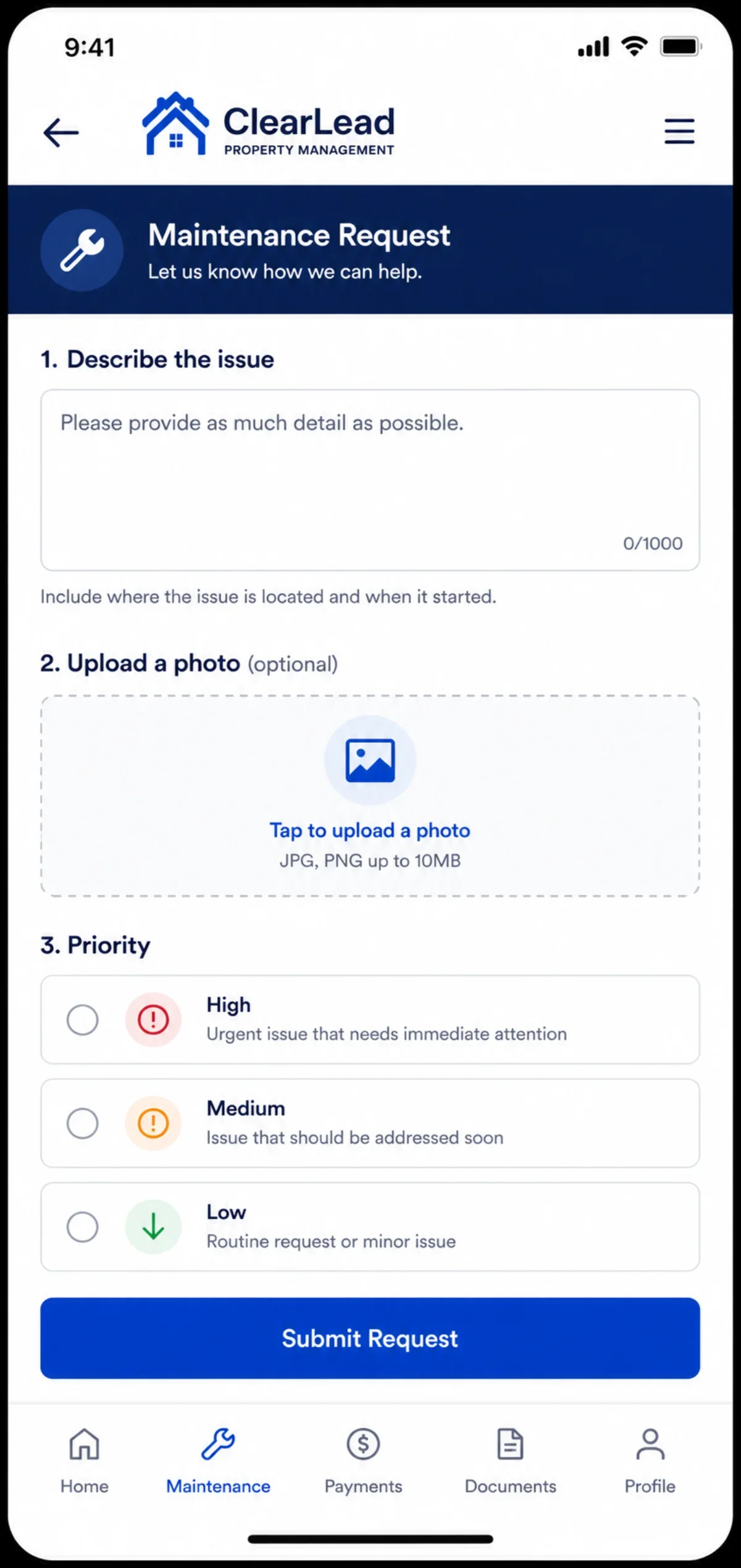 Mobile maintenance request: 'Describe the issue,' 'Upload photo,' 'Priority,' 'Submit.'