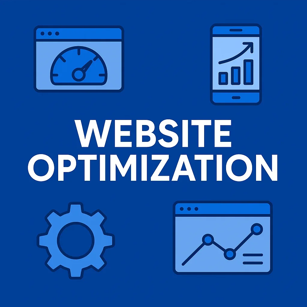 Website optimization concept with analytics, performance, and gear icons