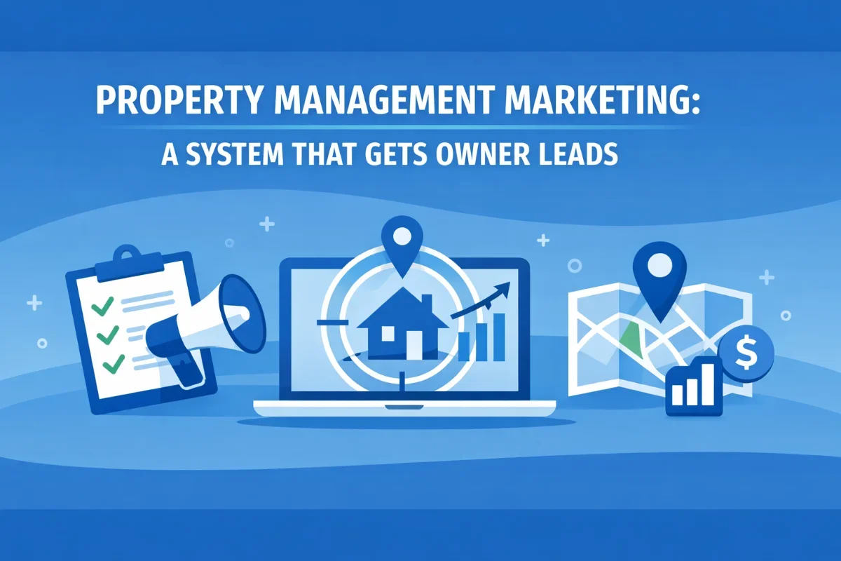 Graphic illustration for property management marketing showing a laptop with a house target, a megaphone, and a map with financial icons.