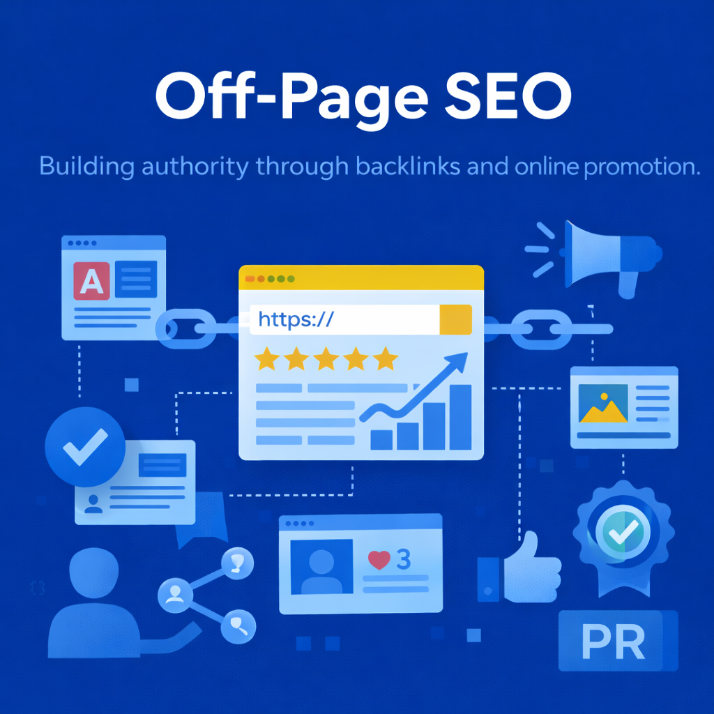 Blue promotional graphic for off-page SEO, featuring icons of websites, backlinks, analytics, social media interactions, and promotional tools.