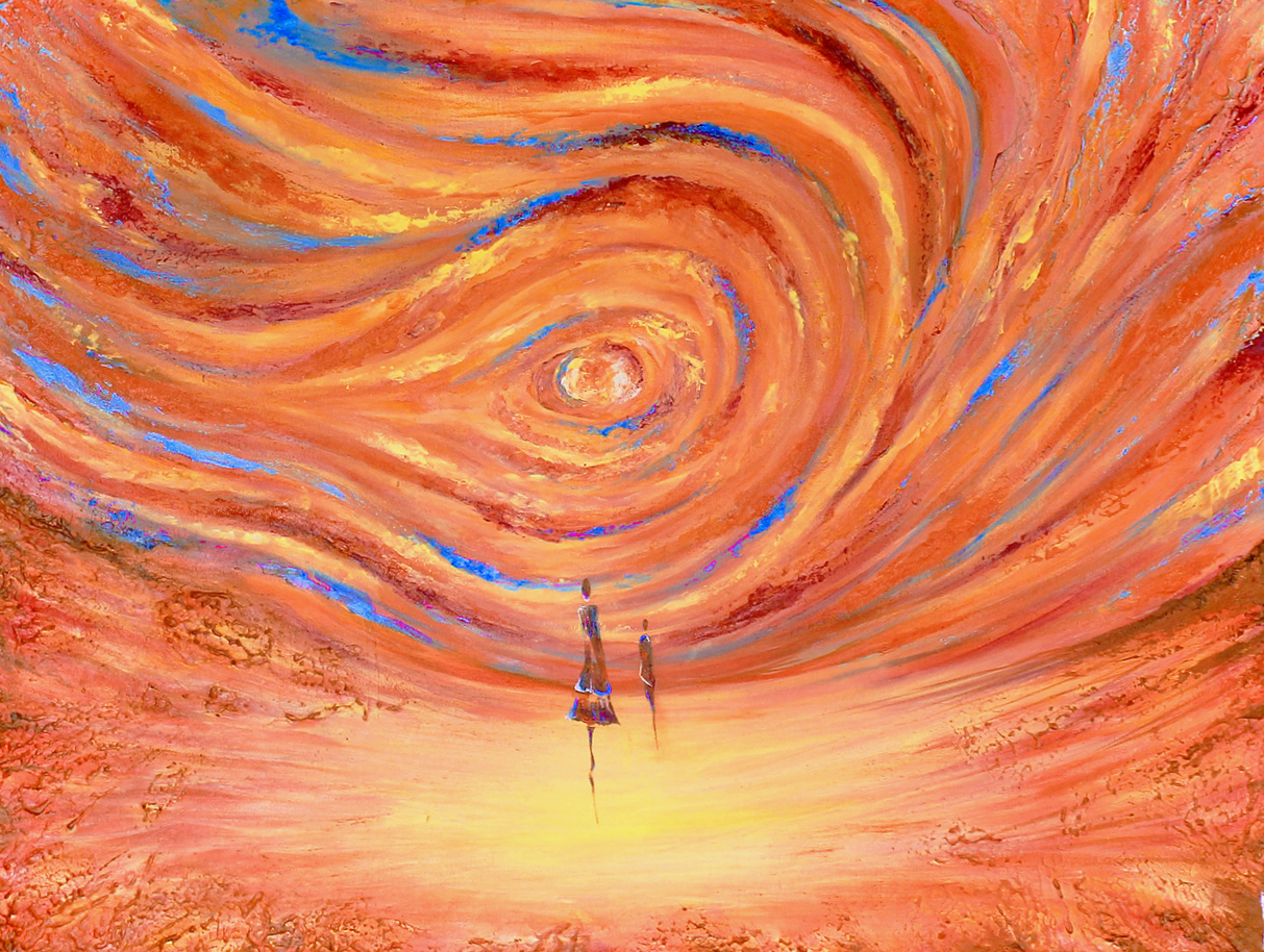 Textured acrylic painting 80x60 cm in orange, yellow, blue and magenta — abstract male and female figures in a storm, original signed artwork by Mairin Dhatt