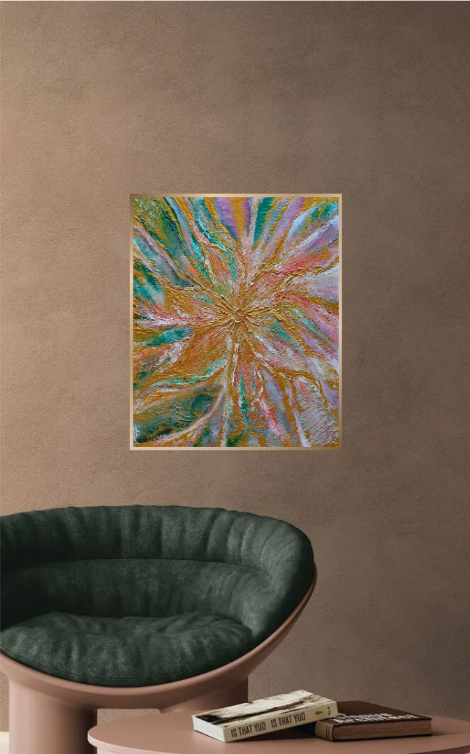 Textured acrylic flower painting 50x45 cm with gold details and pink, green and white highlights — original signed fine art by Mairin Kaur Dhatt