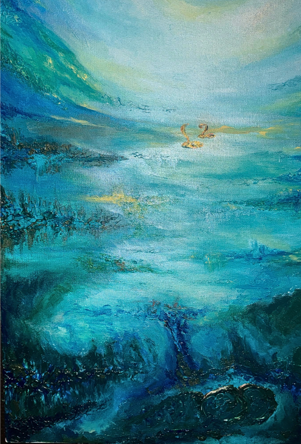 Original 3D acrylic painting 70x50 cm — enchanted lake with two abstract ouroboros snakes, symbolising the eternal cycle of life, by Mairin Kaur Dhatt, Contemporary art