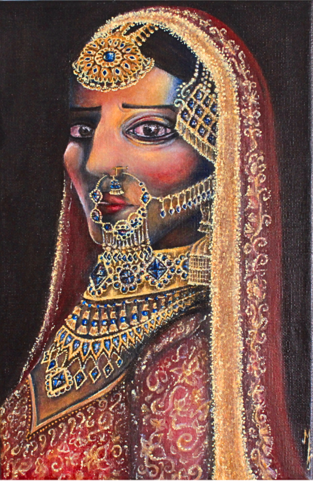 A 35 x 45 cm acrylic painting of a female figure in traditional attire, rich in detail and cultural expression. Inspired by the concept of forced marriage, “Bina Haan” means “without a yes,” reflecting themes of silence, identity, and unspoken streng