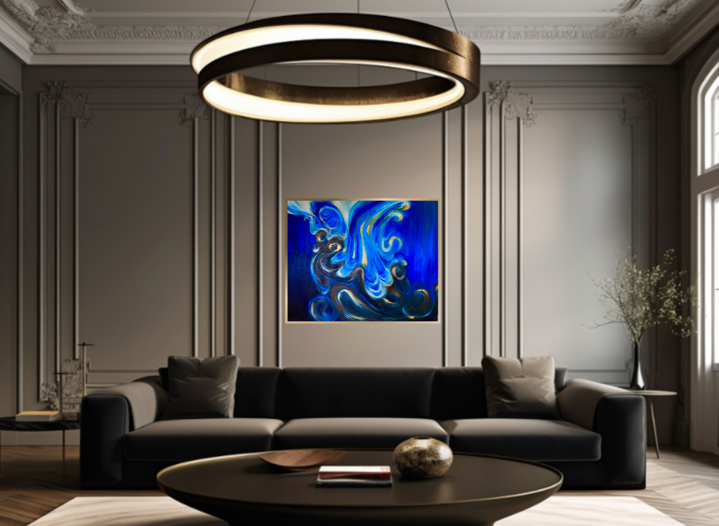 Abstract acrylic painting 80x50 cm in deep blue with gold details — bold textured fine art, original signed piece by Mairin Dhatt