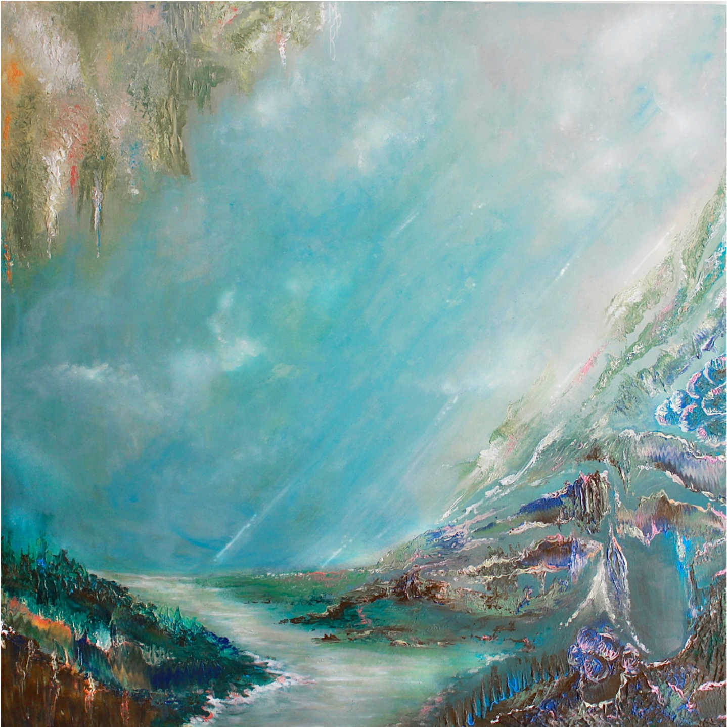 A 100 x 100 cm texturized acrylic art-piece that showcases an abstract Norwegian nature landscape. it indulges in the nuances of blue, cyan, green and yellow with a touch of brown and magenta. 
This piece is unique, original, hand-painted and signed 
