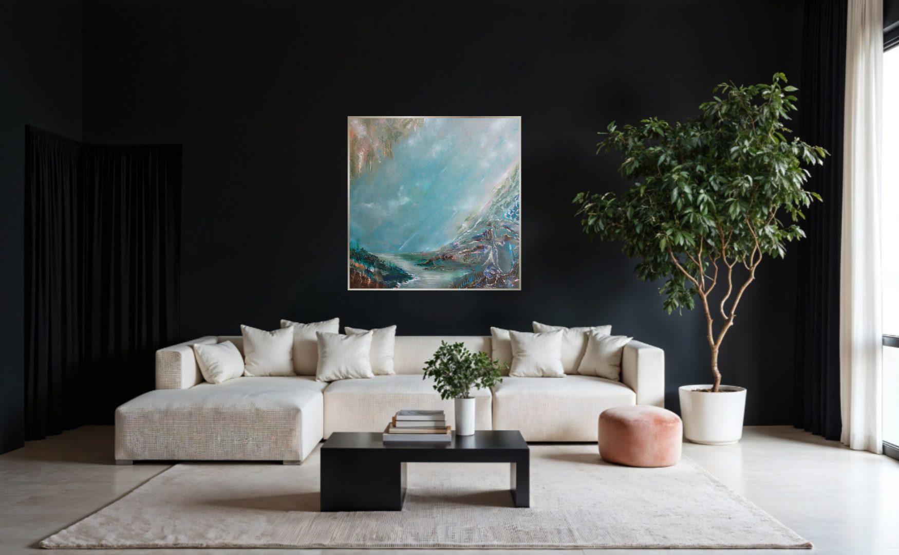 Abstract acrylic landscape painting 100x100 cm by Mairin Dhatt — blue, cyan, green and yellow textured nature scene, signed original fine art. Modern Norwegian landscape art. Art for Scandinavian homes and Scandinavian interior. 