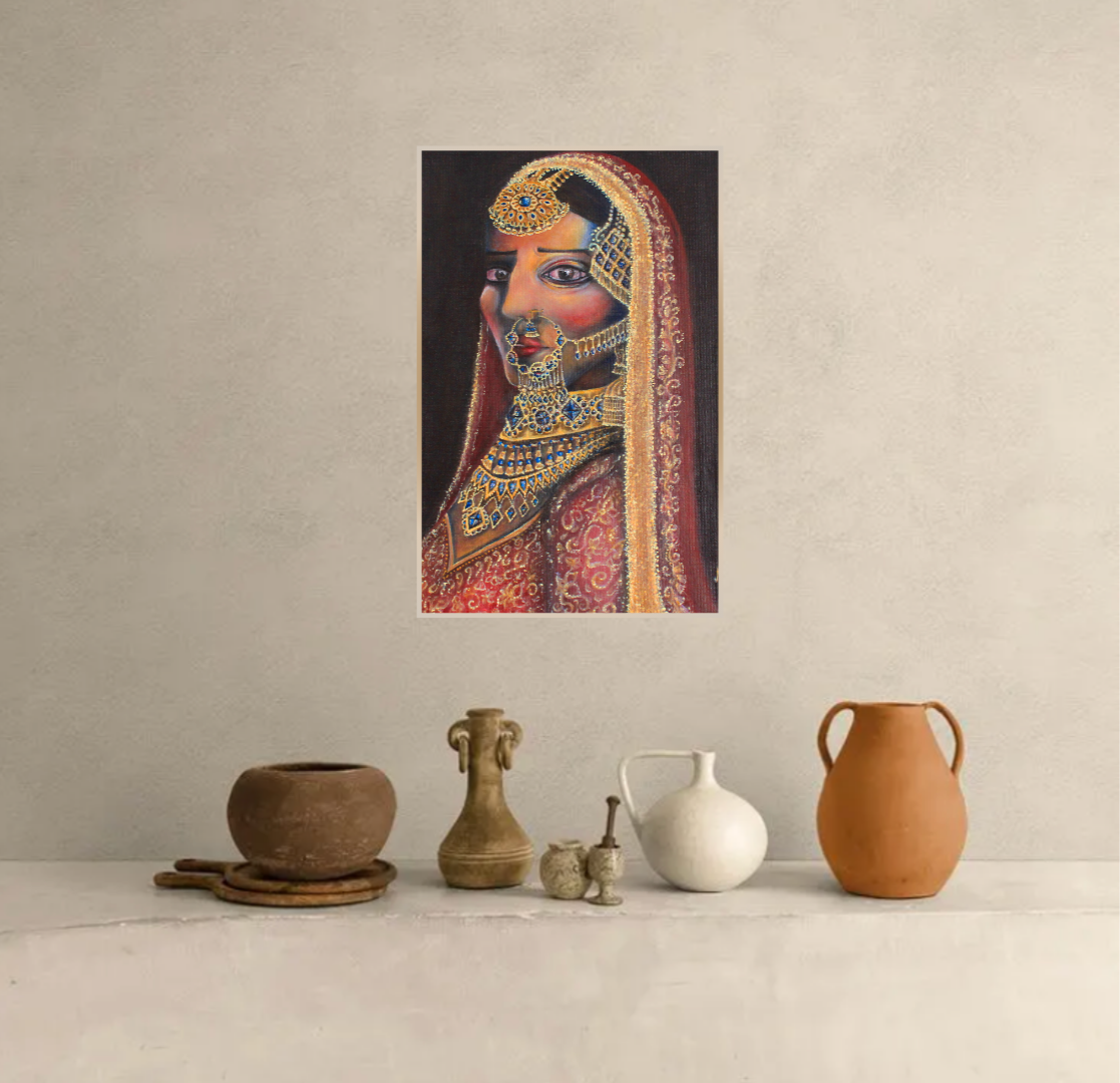 A 35 x 45 cm acrylic painting of a female figure in traditional attire, rich in detail and cultural expression. Inspired by the concept of forced marriage, “Bina Haan” means “without a yes,” reflecting themes of silence, identity, and unspoken streng
