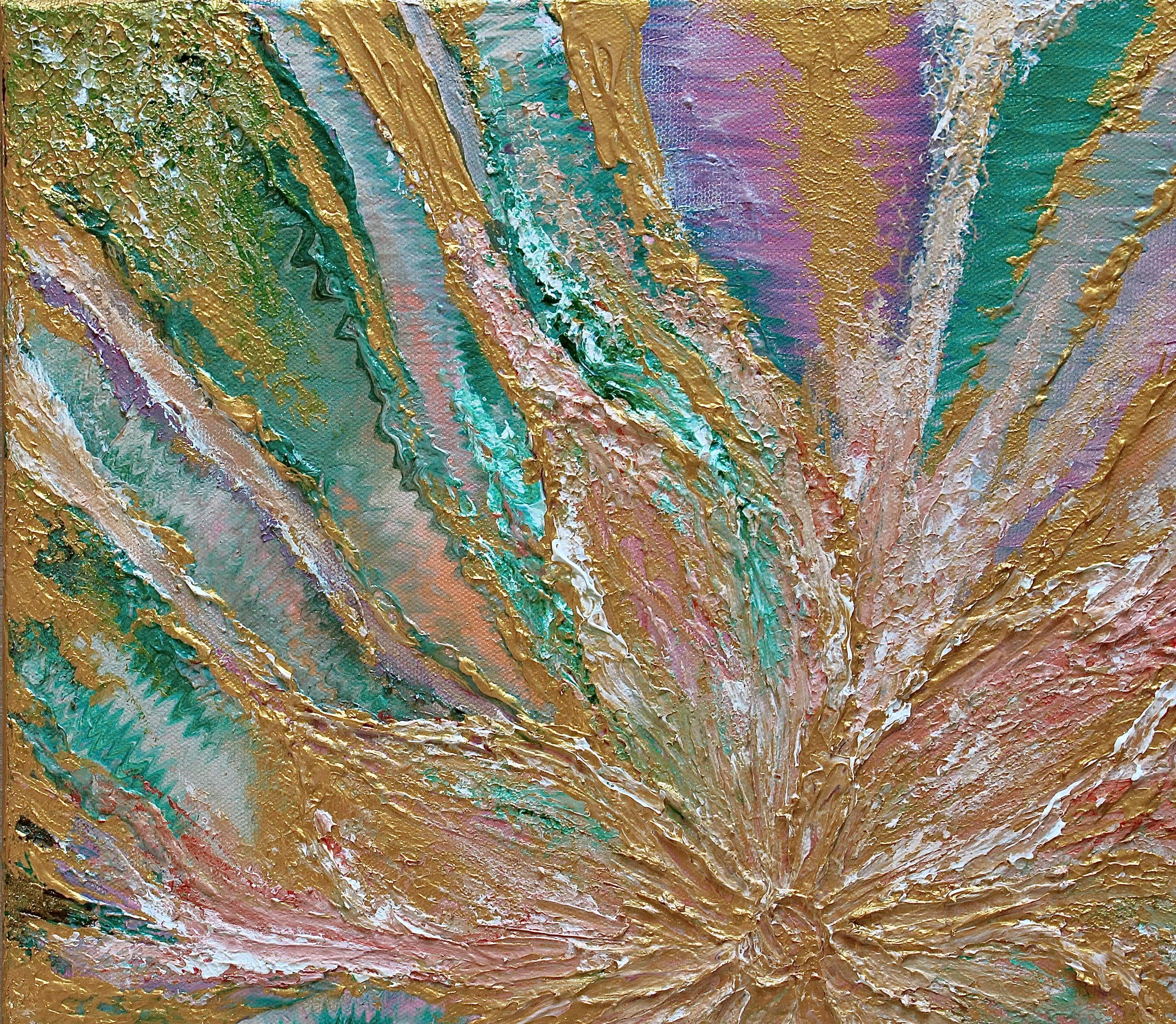 Textured acrylic flower painting 50x45 cm with gold details and pink, green and white highlights — original signed fine art by Mairin Kaur Dhatt