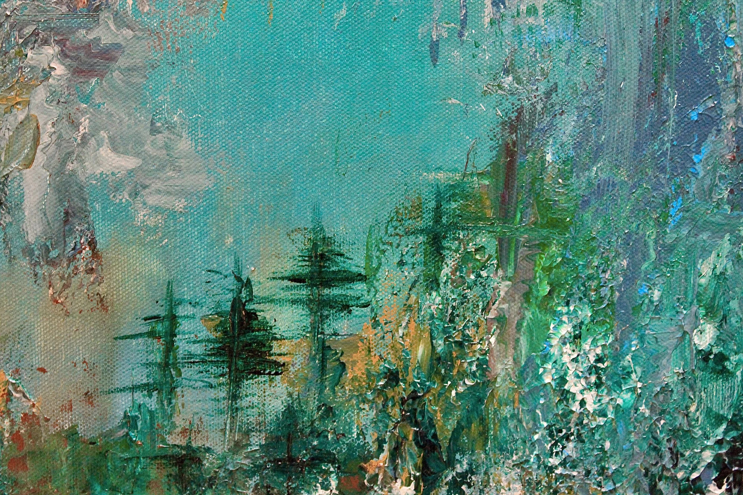 Half-abstract acrylic painting 50x45 cm featuring a hummingbird and deer in turquoise and green — textured original artwork by Mairin Kaur Dhatt