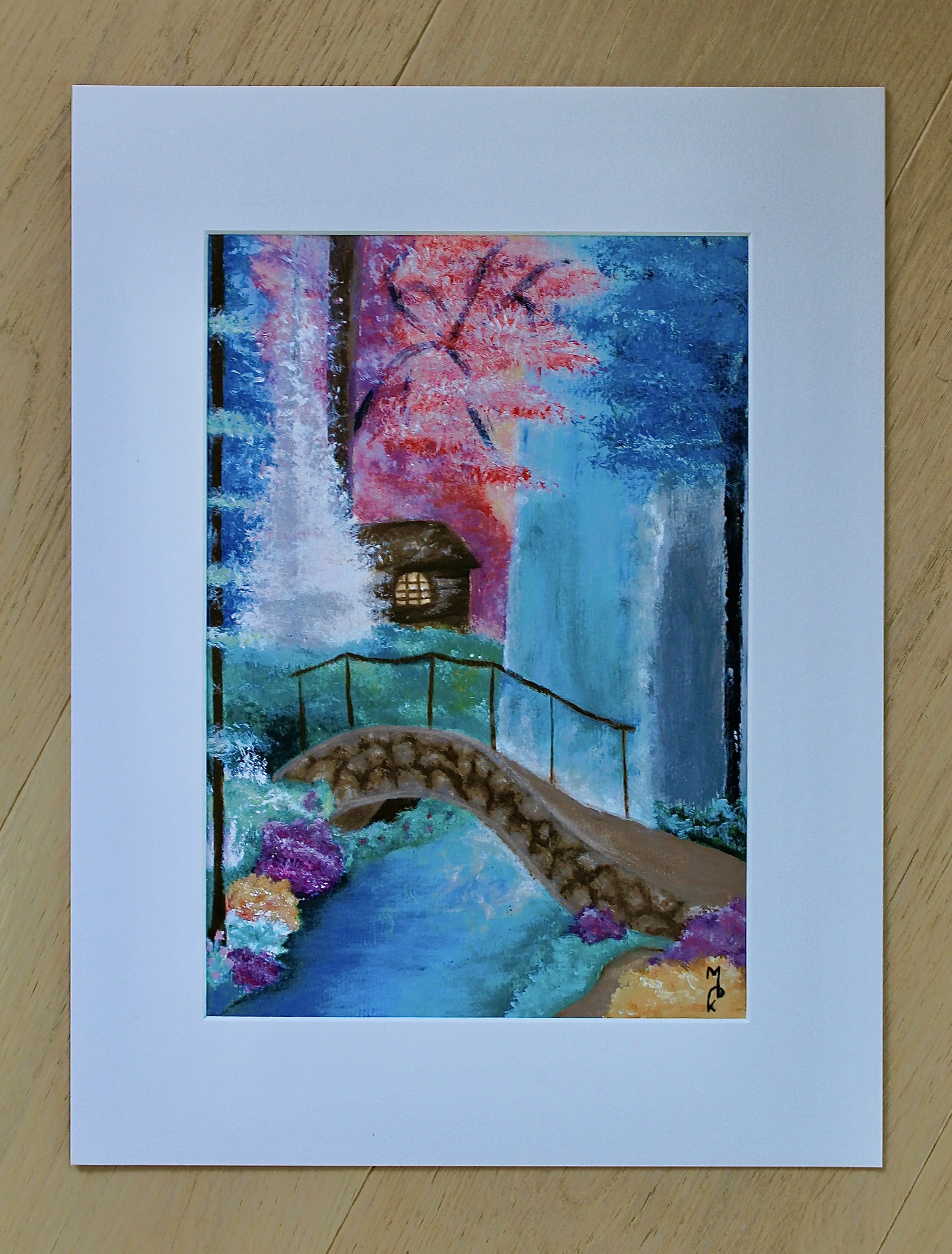 My smallest piece made with a mix of acrylic paint and watercolors. A fantasy painting of a cabin in the forest, with a bridge and water fall.

This piece is unique, original, hand-painted and signed by the artist Mairin Kaur Dhatt.