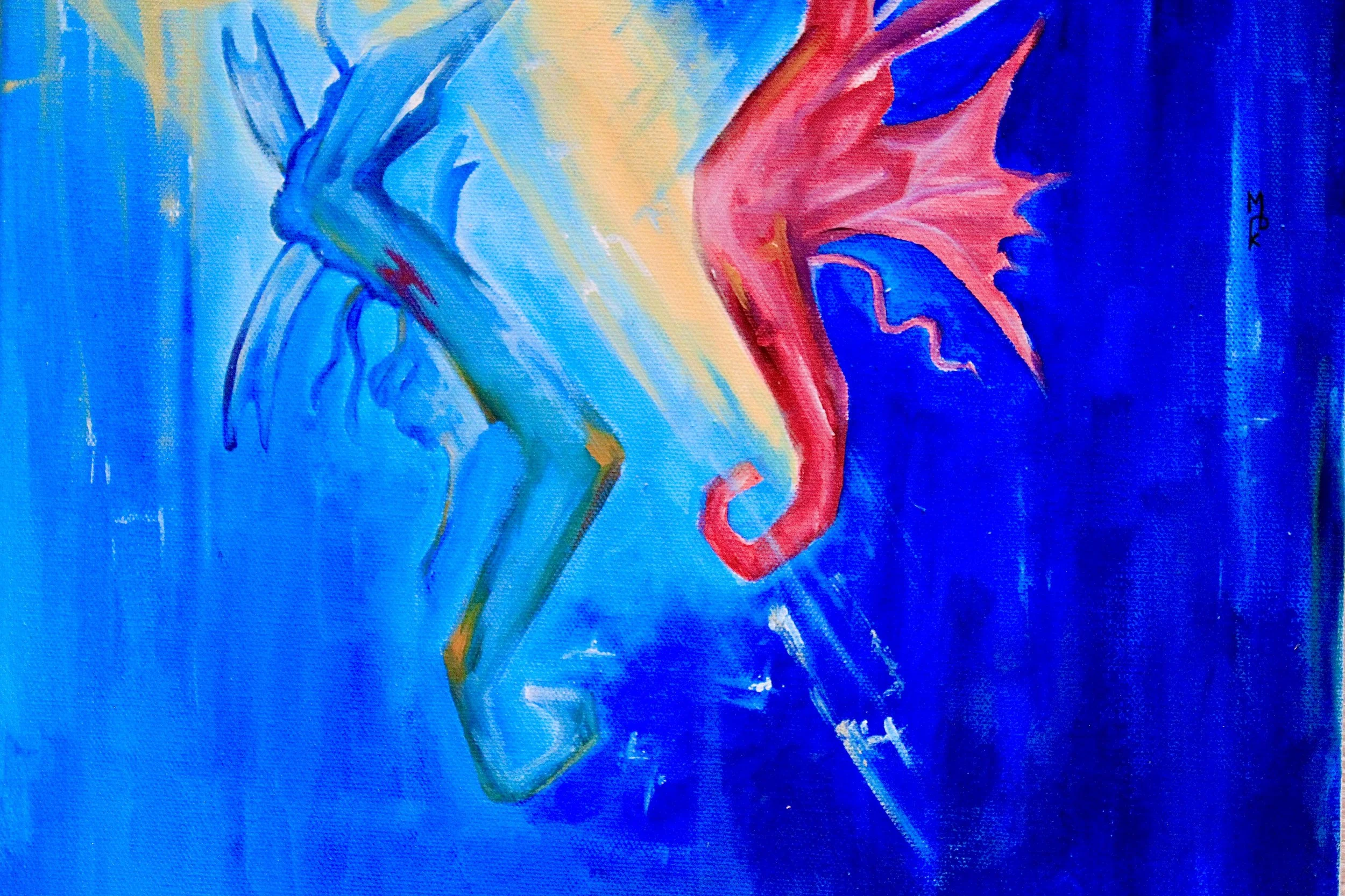 Half-abstract acrylic painting 50x40 cm of sea horses in blue, teal and coral — original signed fine art by Mairin Dhatt.
