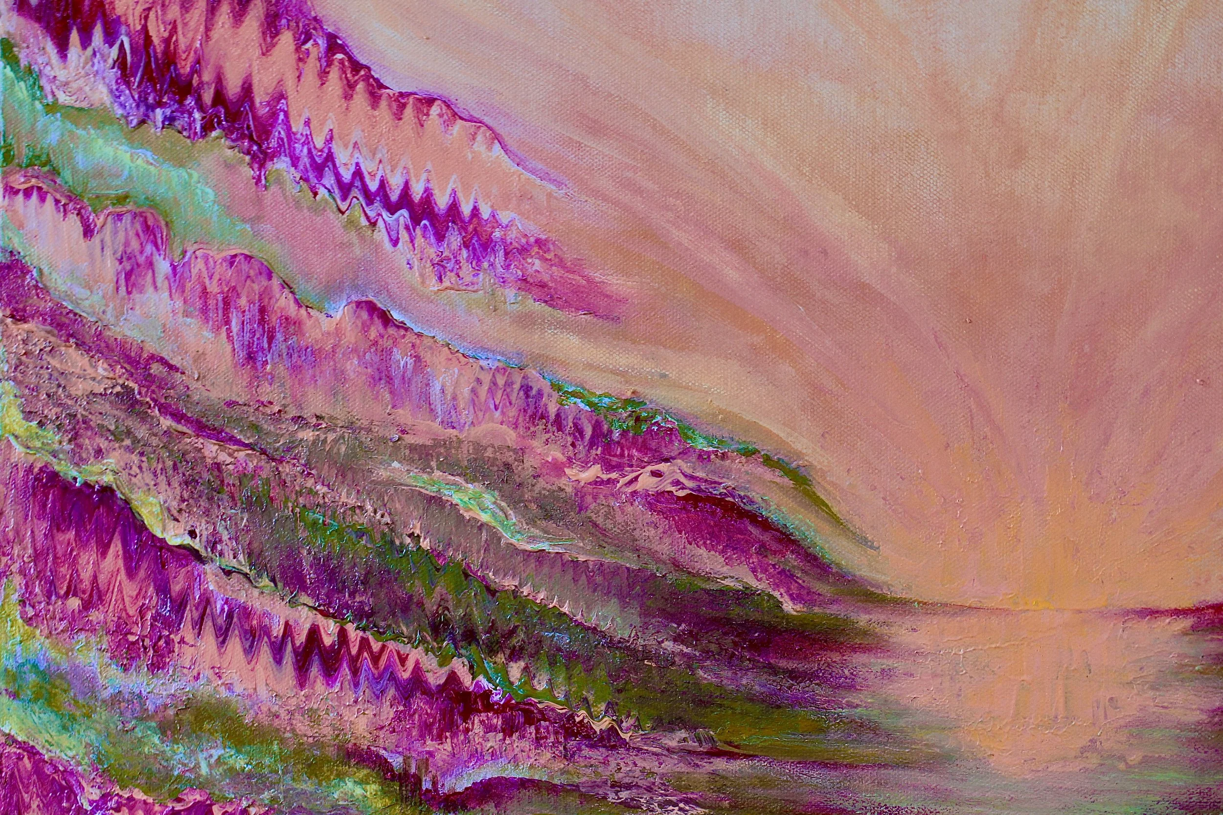 Textured half-abstract acrylic sunrise painting 60x50 cm in pink, green and yellow — original signed fine art by Mairin Dhatt
