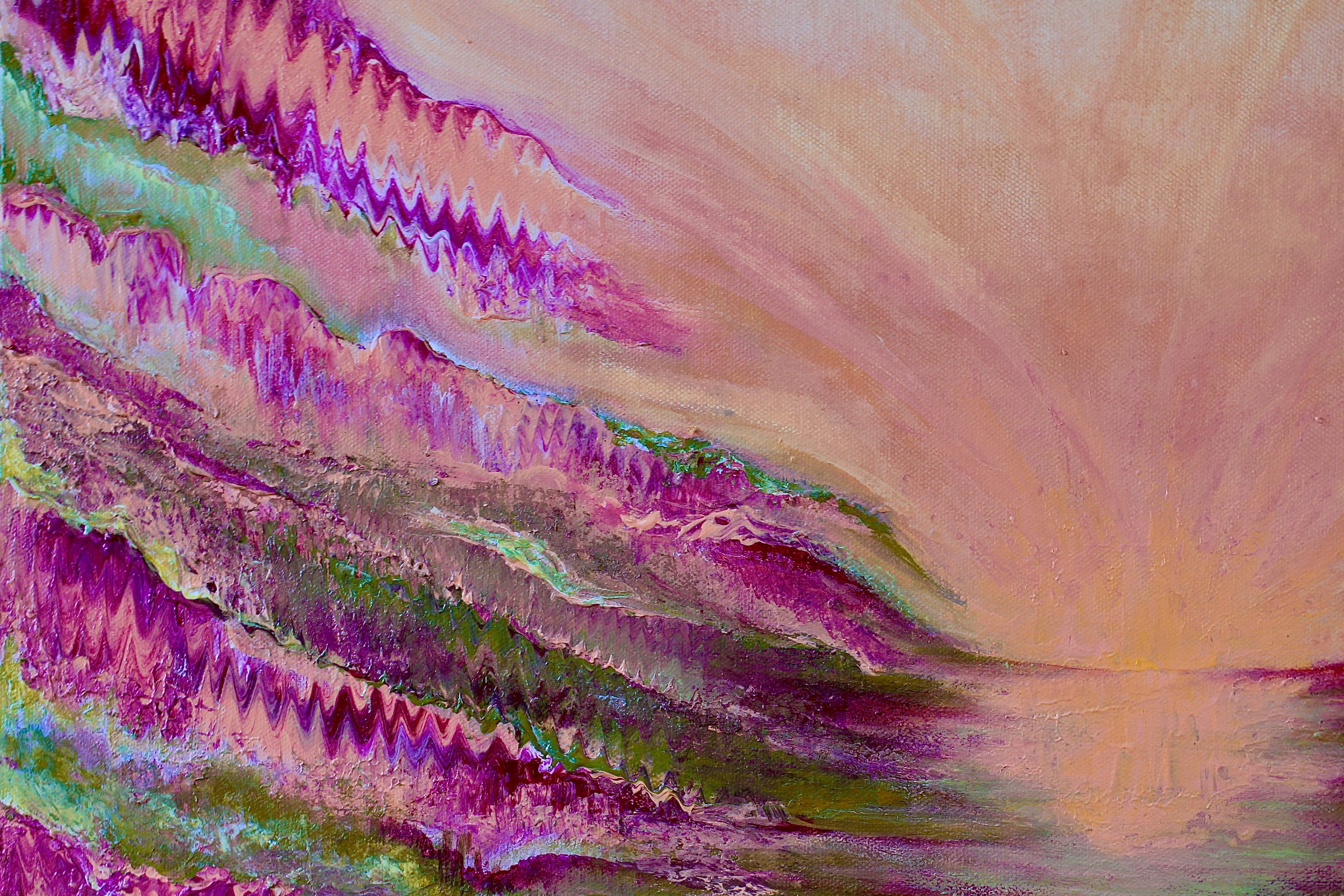 SUNRISE
A 60 x 50 cm texturized half-abstract piece of a sunrise. This piece indulges in the nuances of pink, green and shades of yellow.