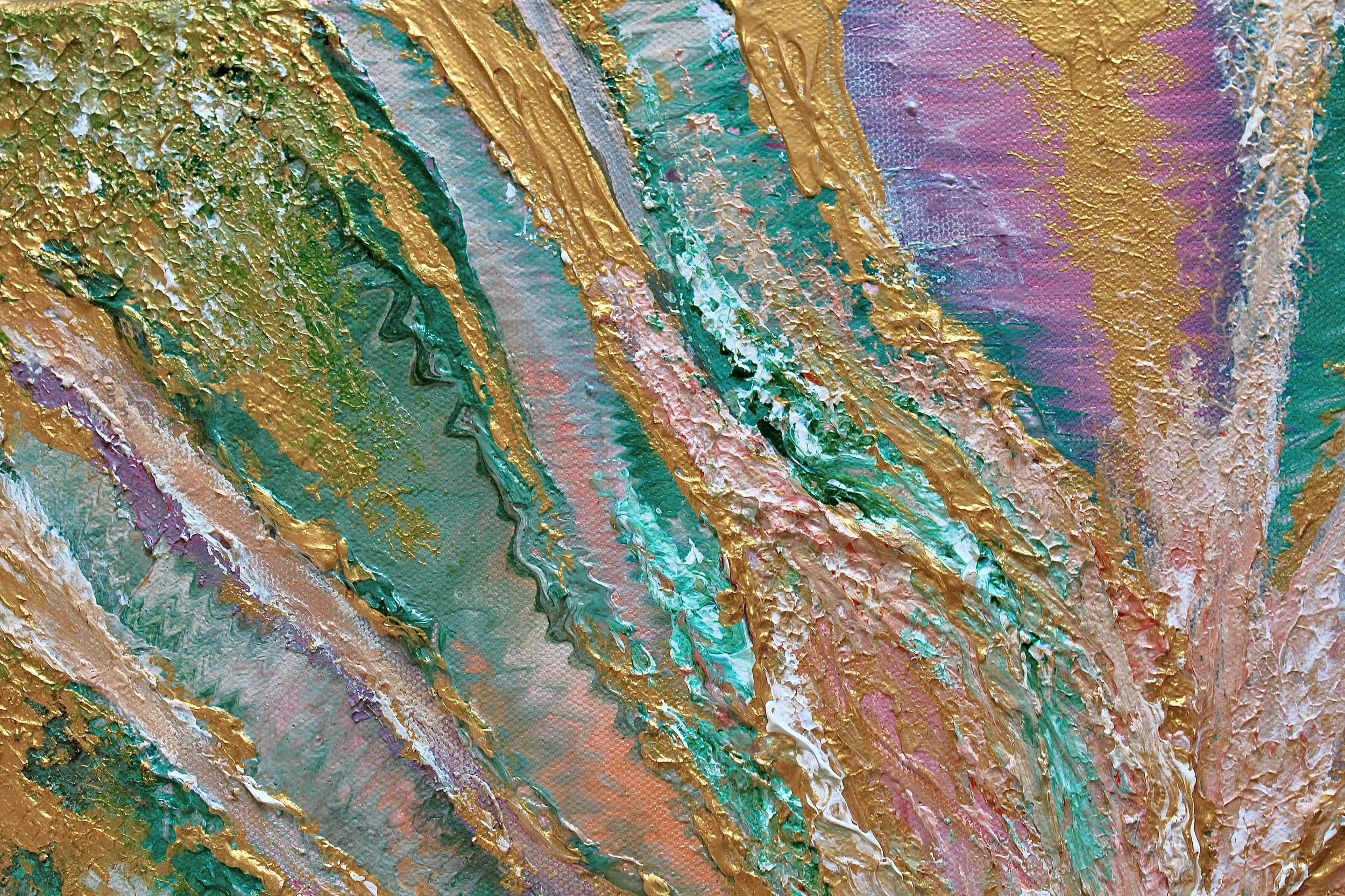 Textured acrylic flower painting 50x45 cm with gold details and pink, green and white highlights — original signed fine art by Mairin Kaur Dhatt