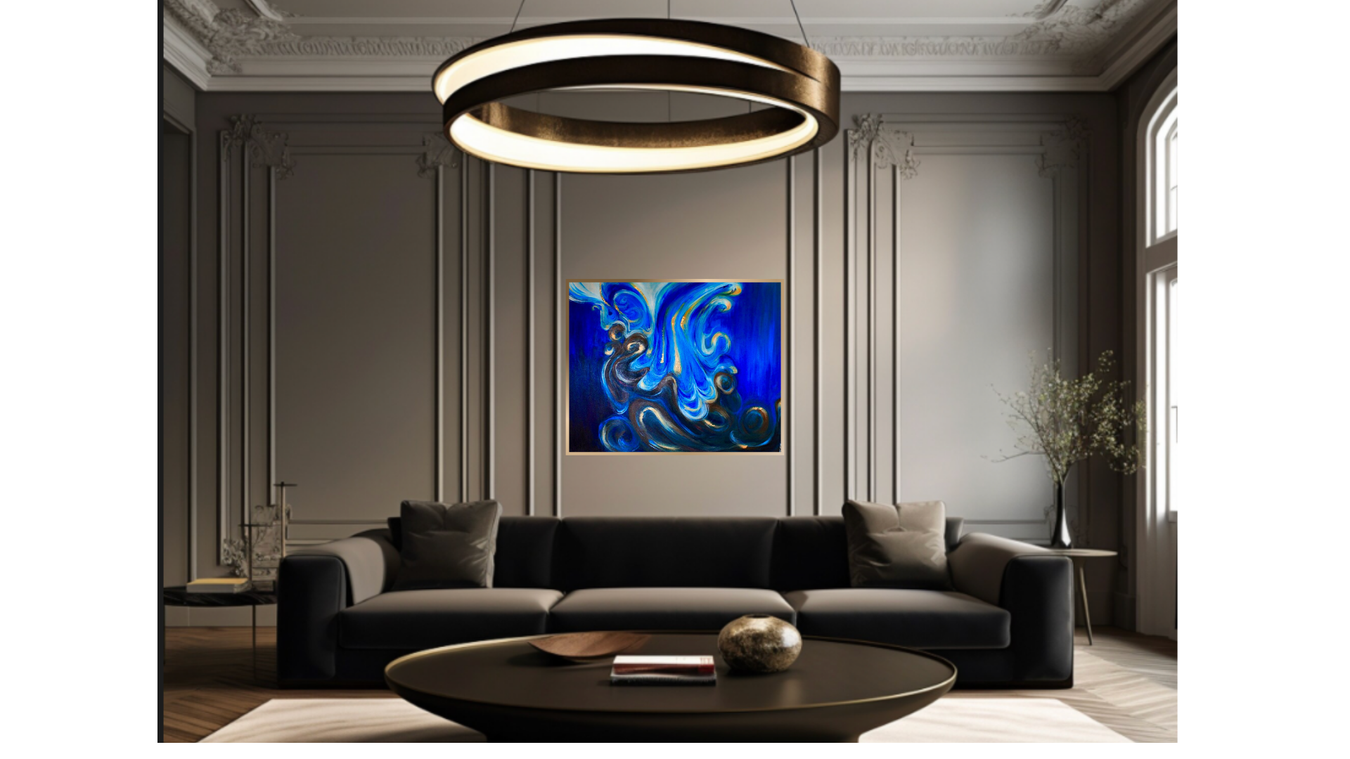Abstract acrylic painting 80x50 cm in deep blue with gold details — bold textured fine art, original signed piece by Mairin Dhatt