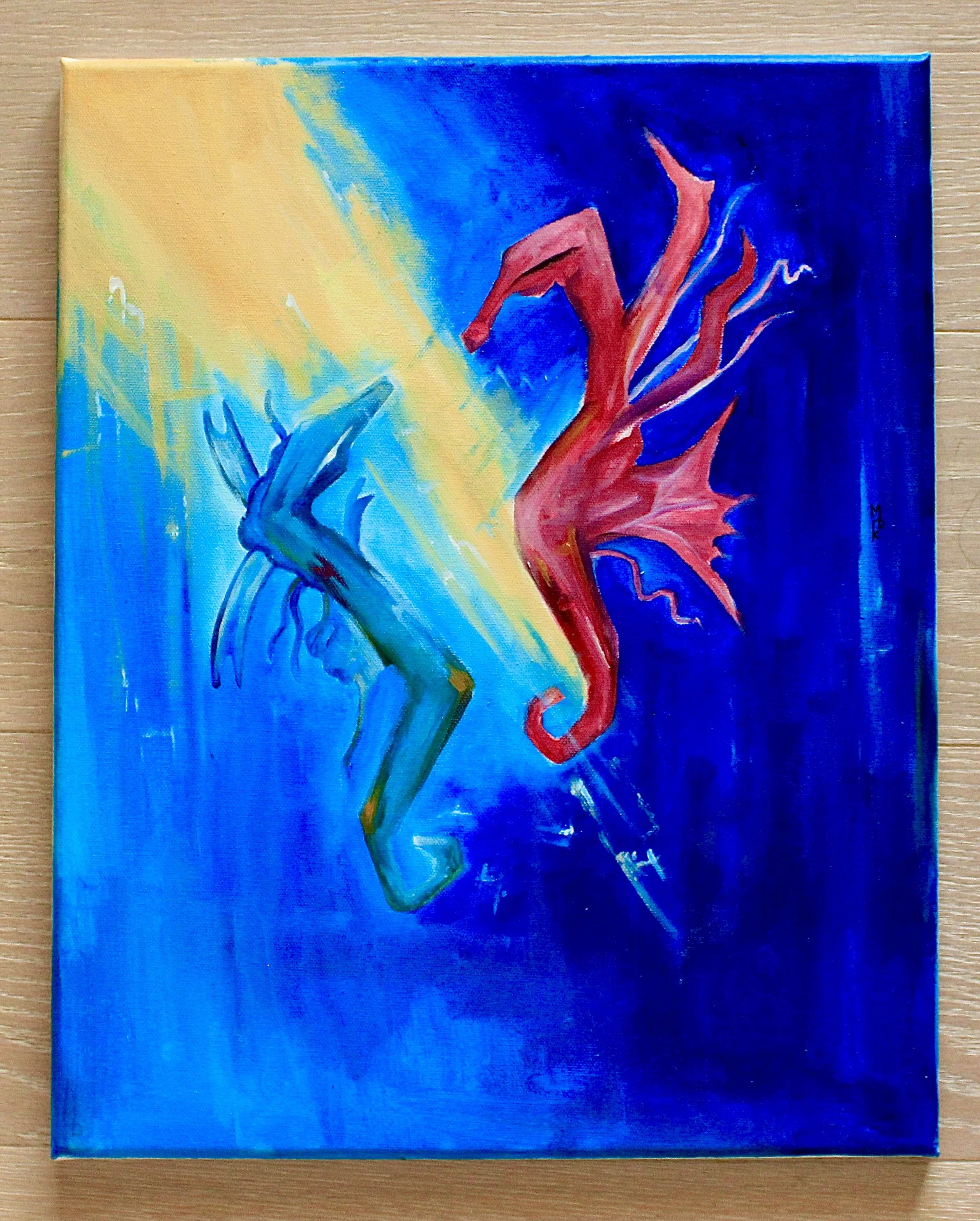 An 50 x 40 cm half-abstract acrylic art-piece of a man and a woman’s hands. This piece is dark, fierce and indulges the nuances of brown, red and pink hues.