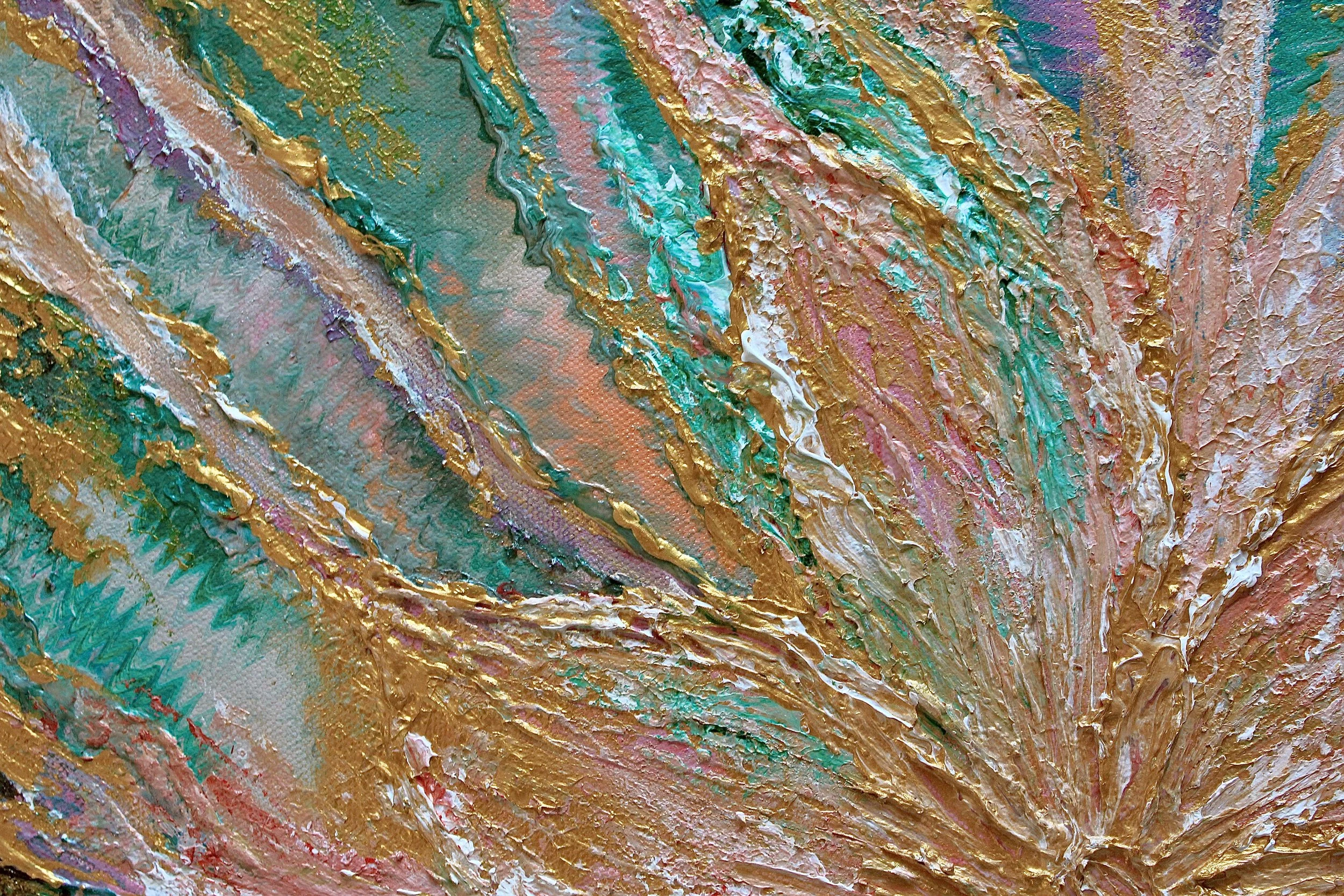 Textured acrylic flower painting 50x45 cm with gold details and pink, green and white highlights — original signed fine art by Mairin Kaur Dhatt
