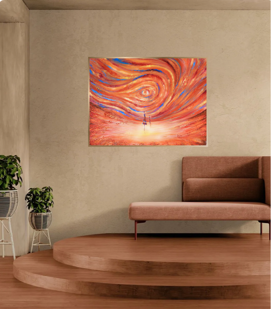 Textured acrylic painting 80x60 cm in orange, yellow, blue and magenta — abstract male and female figures in a storm, original signed artwork by Mairin Dhatt