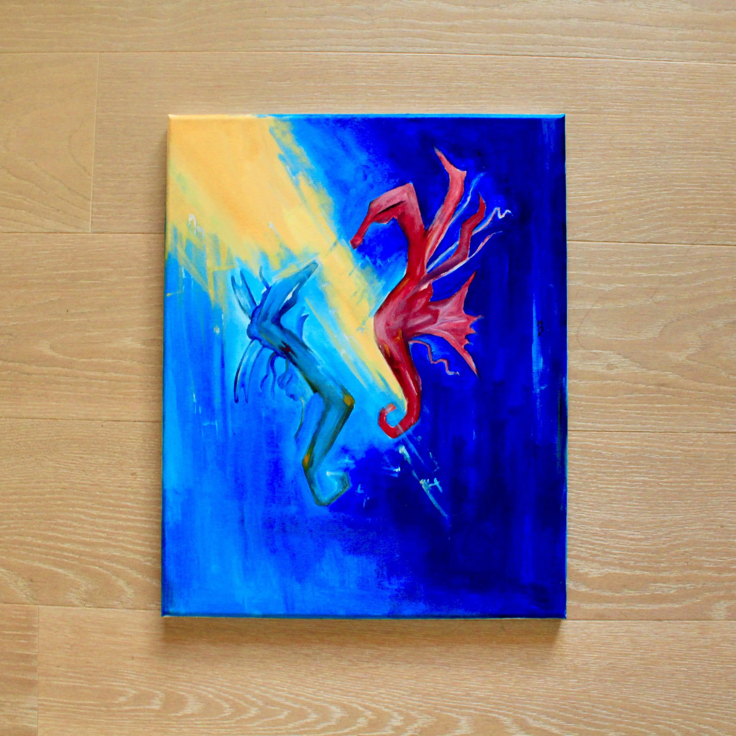 An 50 x 40 cm half-abstract acrylic art-piece of a man and a woman’s hands. This piece is dark, fierce and indulges the nuances of brown, red and pink hues.