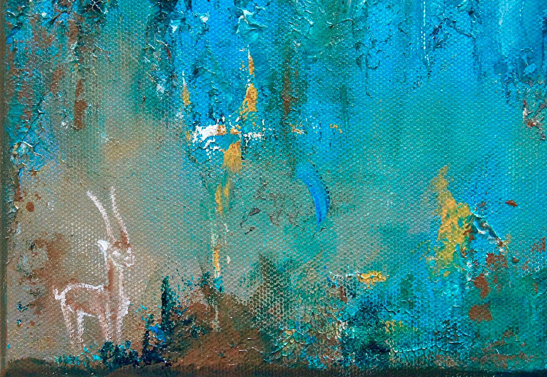 Half-abstract acrylic painting 50x45 cm featuring a hummingbird and deer in turquoise and green — textured original artwork by Mairin Kaur Dhatt