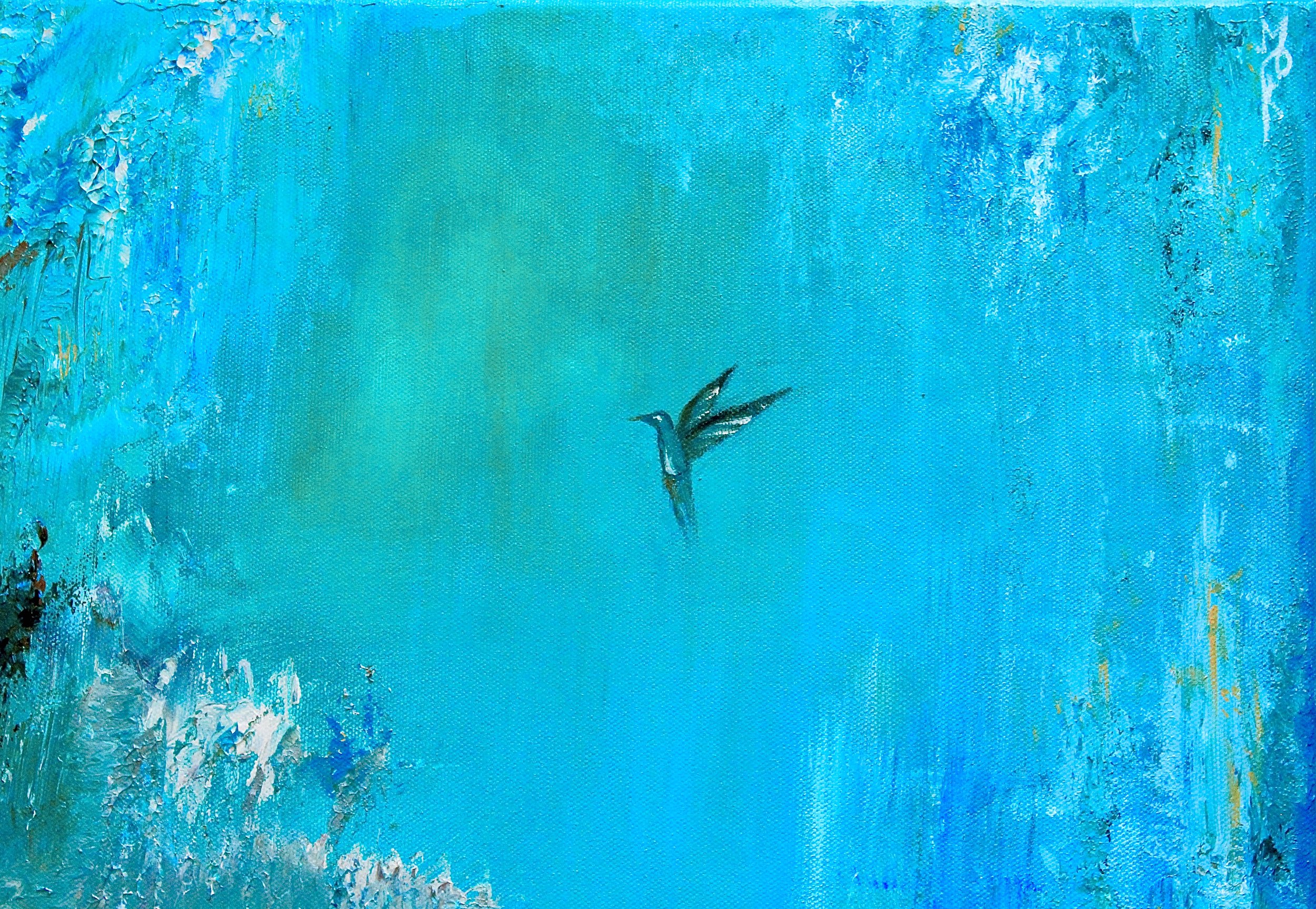 A 50 x 45 cm texturized half-abstract piece of a colibri and a deer. It showcases the contrast between the sky and ground, as well as it indulges in lots of structures and beautiful nuances of turquoise and green.
