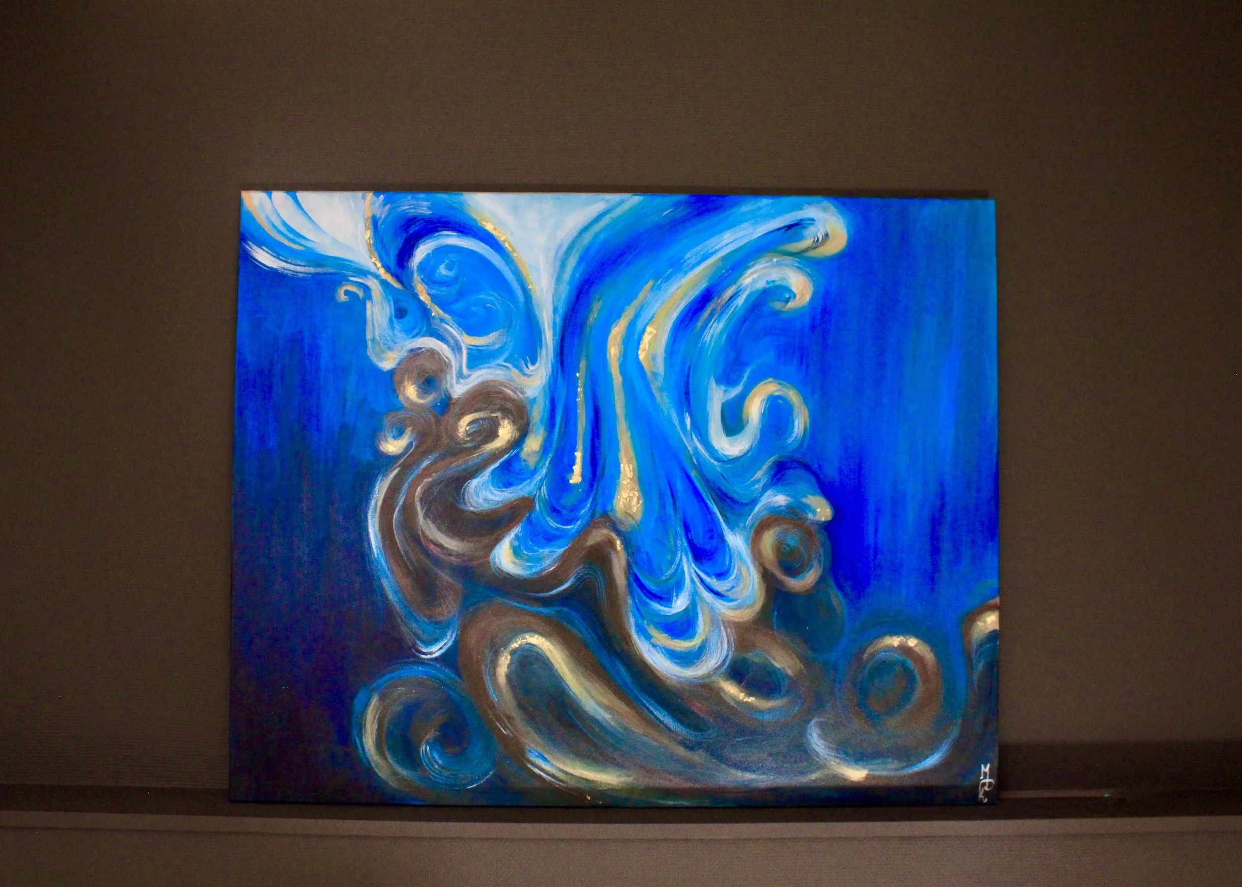Abstract acrylic painting 80x50 cm in deep blue with gold details — bold textured fine art, original signed piece by Mairin Dhatt