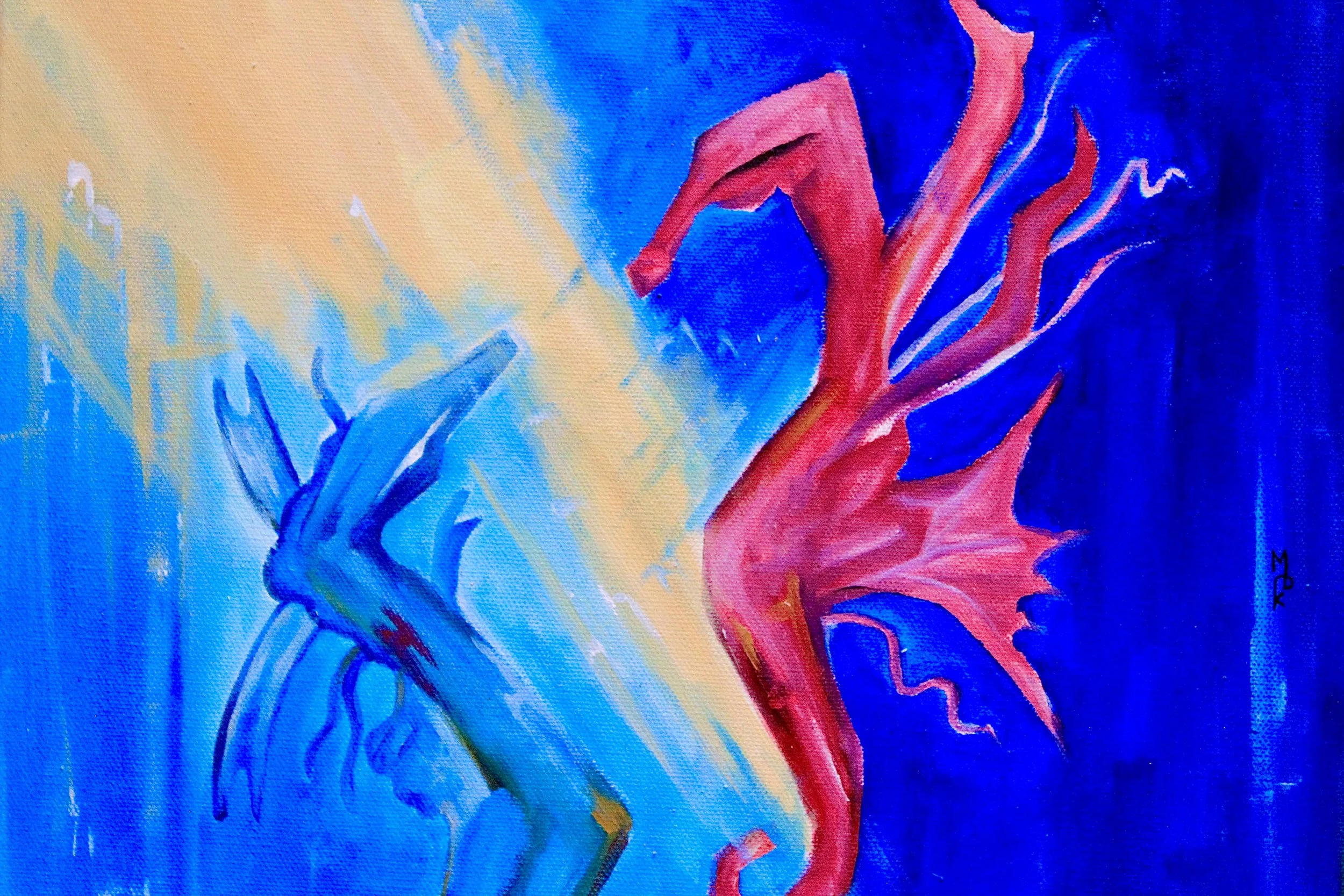 An 50 x 40 cm half-abstract acrylic art-piece of a man and a woman’s hands. This piece is dark, fierce and indulges the nuances of brown, red and pink hues.