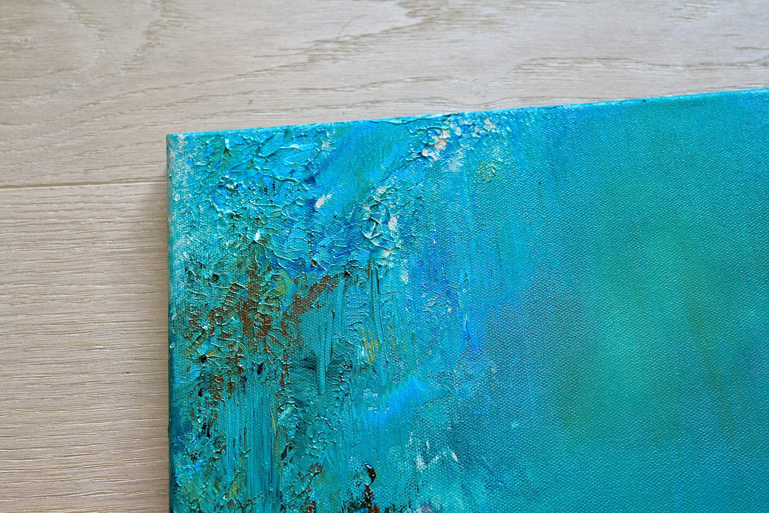 Half-abstract acrylic painting 50x45 cm featuring a hummingbird and deer in turquoise and green — textured original artwork by Mairin Kaur Dhatt