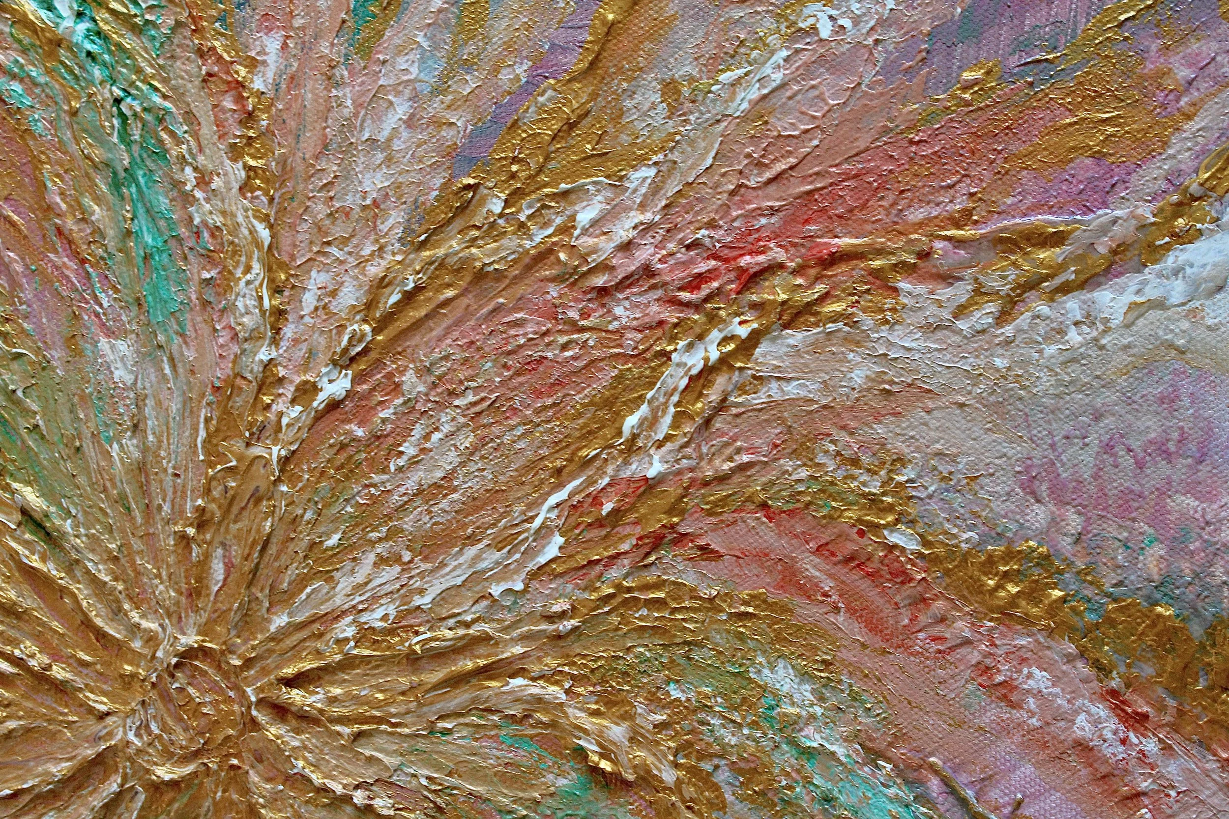 Textured acrylic flower painting 50x45 cm with gold details and pink, green and white highlights — original signed fine art by Mairin Kaur Dhatt