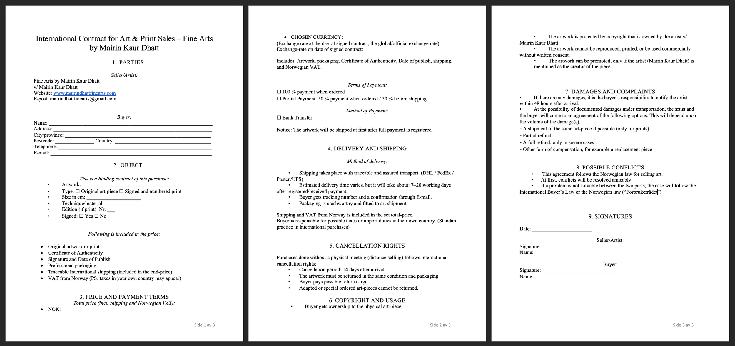 Dette er tre sider av en kontrakt for kunst- og printsalg, inkludert selger- og kjøperinformasjon, kunstverkdetaljer, betalingsbetingelser, frakt, avbestillingsrett, mulige konflikter, signaturfelt og copyright. Teksten er på engelsk og norsk.