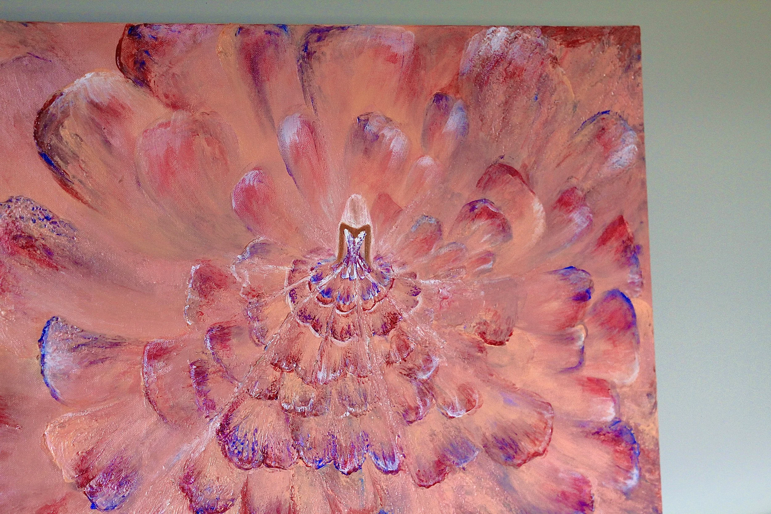 An 80 x 60 cm texturized acrylic art-piece of a dress in beautiful pink, blue and magenta nuances. This piece has an incredible shine to it.
This piece is unique, original, hand-painted and signed by the artist Mairin Kaur Dhatt.