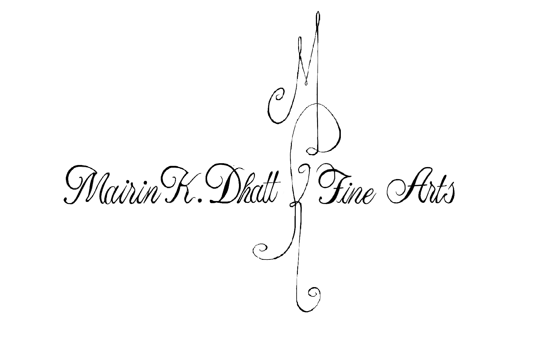 Tekst med navnet 'Mairin K. Dhatt' og 'Fine Arts' i elegant kursiv font, dekorert med svake, svarte, dekorative linjer.