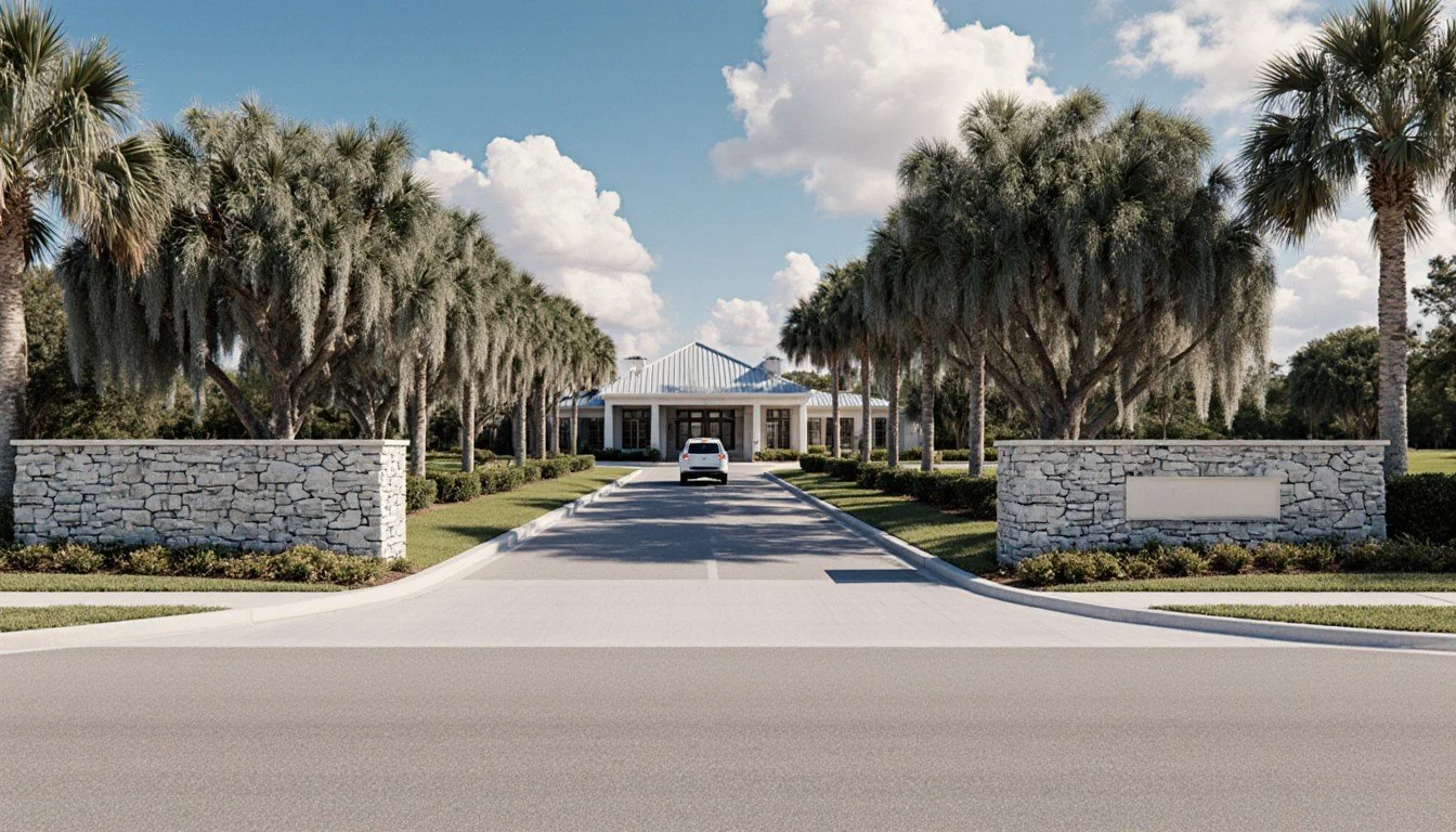 Community entry from the boulevard: palm allee and live oaks